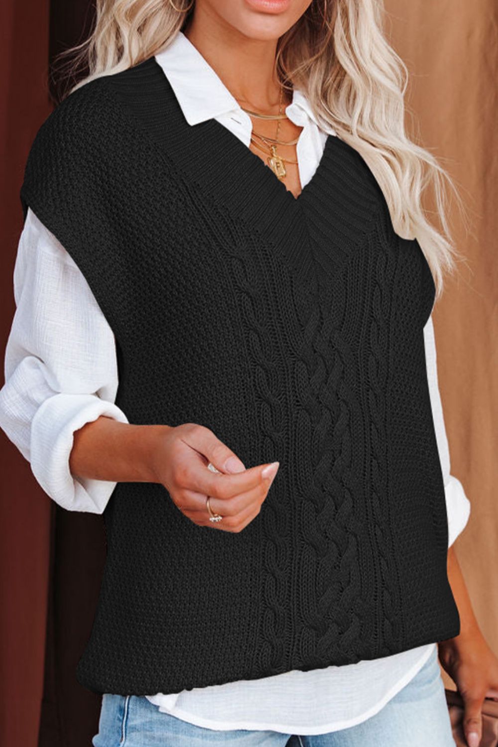 Cable-Knit V-Neck Sweater Vest-TOPS / DRESSES-[Adult]-[Female]-2022 Online Blue Zone Planet