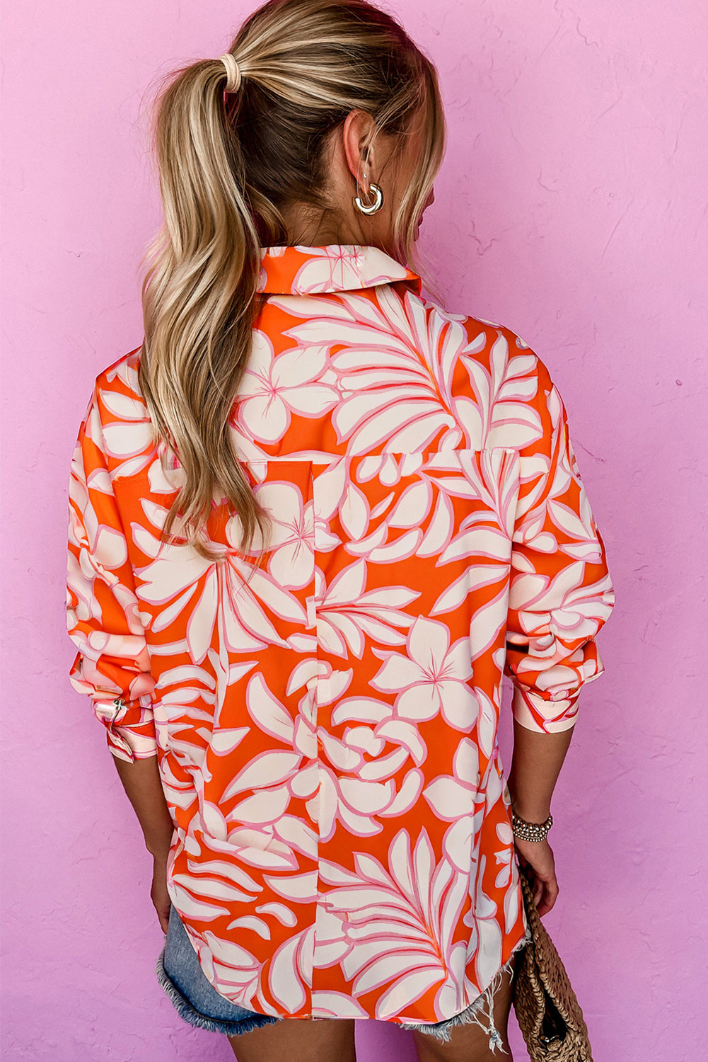 Orange Botanical Print Single Chest Pocket Button Up Shirt-Tops/Blouses & Shirts-[Adult]-[Female]-2022 Online Blue Zone Planet