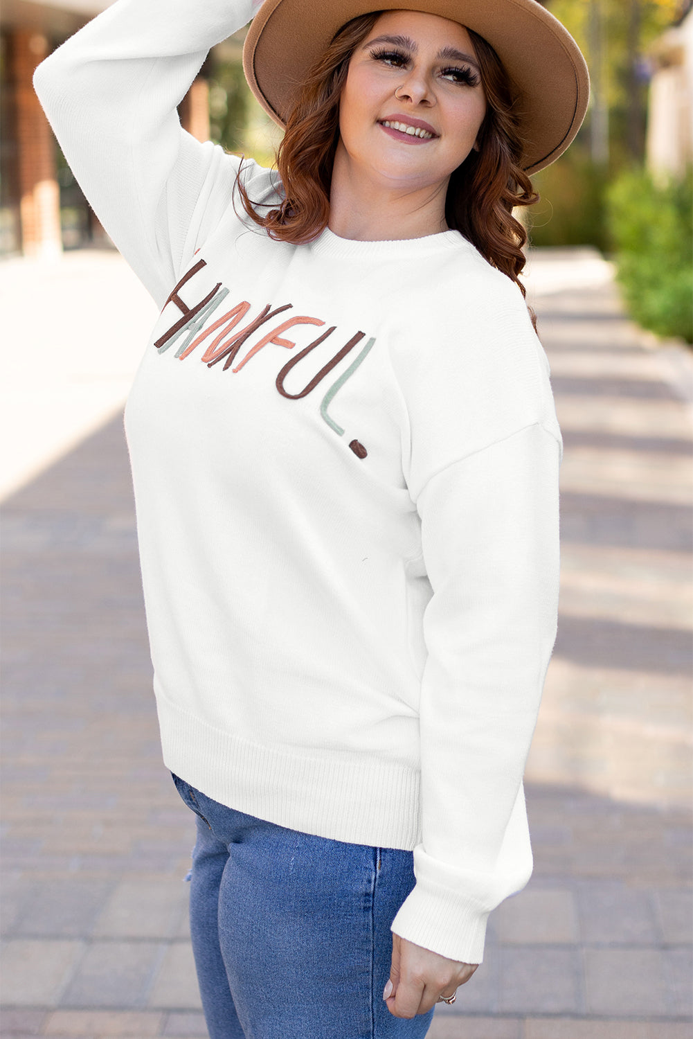 Blue Zone Planet | White Plus Size Thankful Ivory Embroidered Sweater-Plus Size/Plus Size Sweaters & Cardigans-[Adult]-[Female]-2022 Online Blue Zone Planet