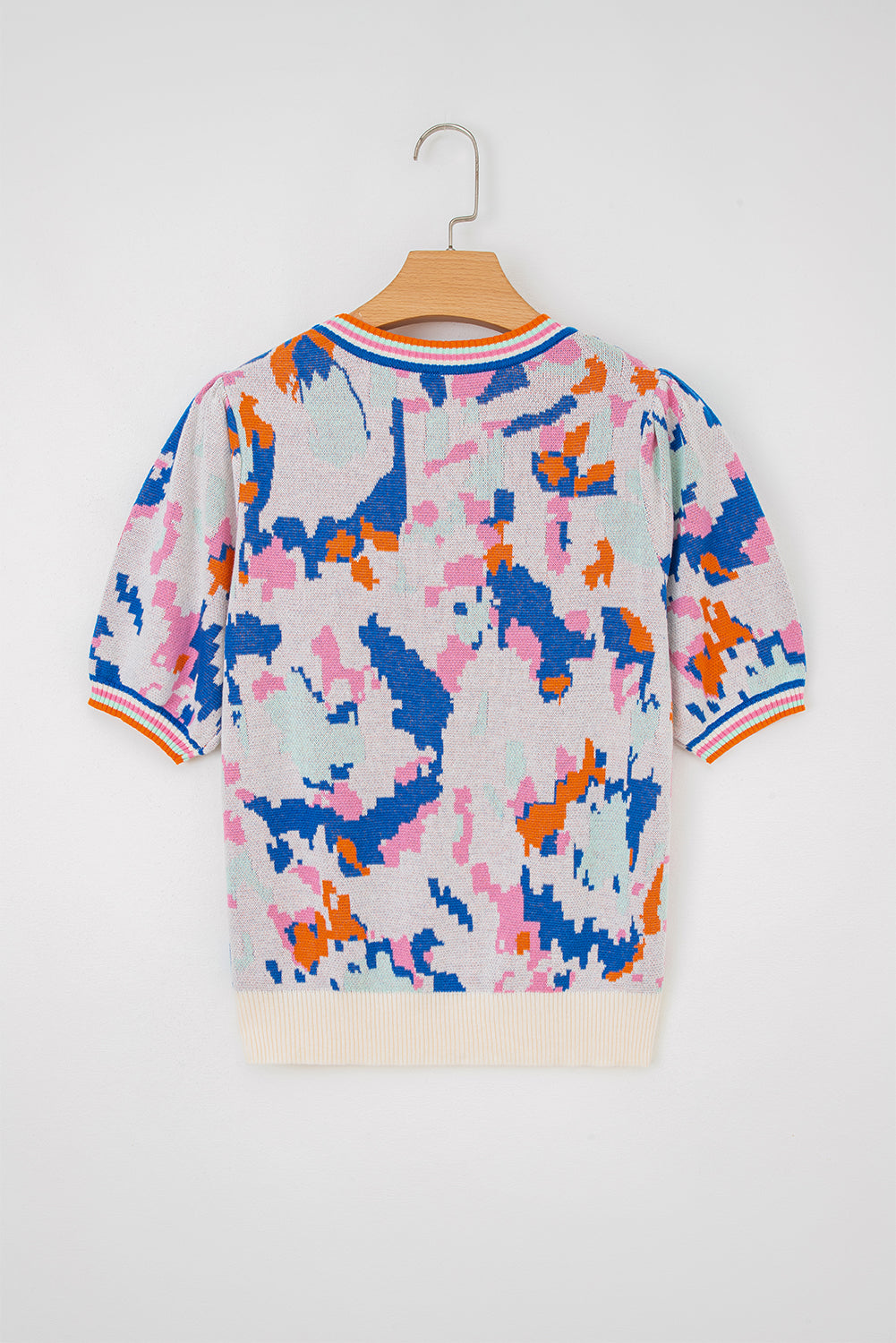 Apricot Abstract Pattern Knit Contrast Striped Trim Short Sleeve Sweater-Sweaters & Cardigans/Short Sleeve Sweaters-[Adult]-[Female]-2022 Online Blue Zone Planet