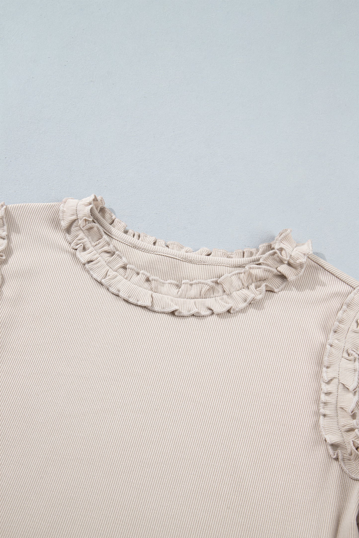 Beige Solid Color Round Neck Frill Detail Long Sleeve Top-Tops/Long Sleeve Tops-[Adult]-[Female]-2022 Online Blue Zone Planet