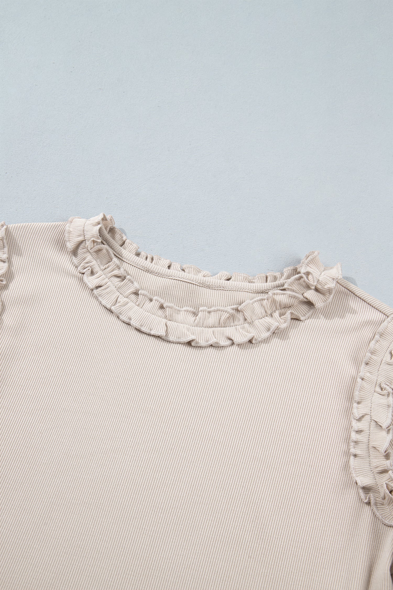 Beige Solid Color Round Neck Frill Detail Long Sleeve Top-Tops/Long Sleeve Tops-[Adult]-[Female]-2022 Online Blue Zone Planet