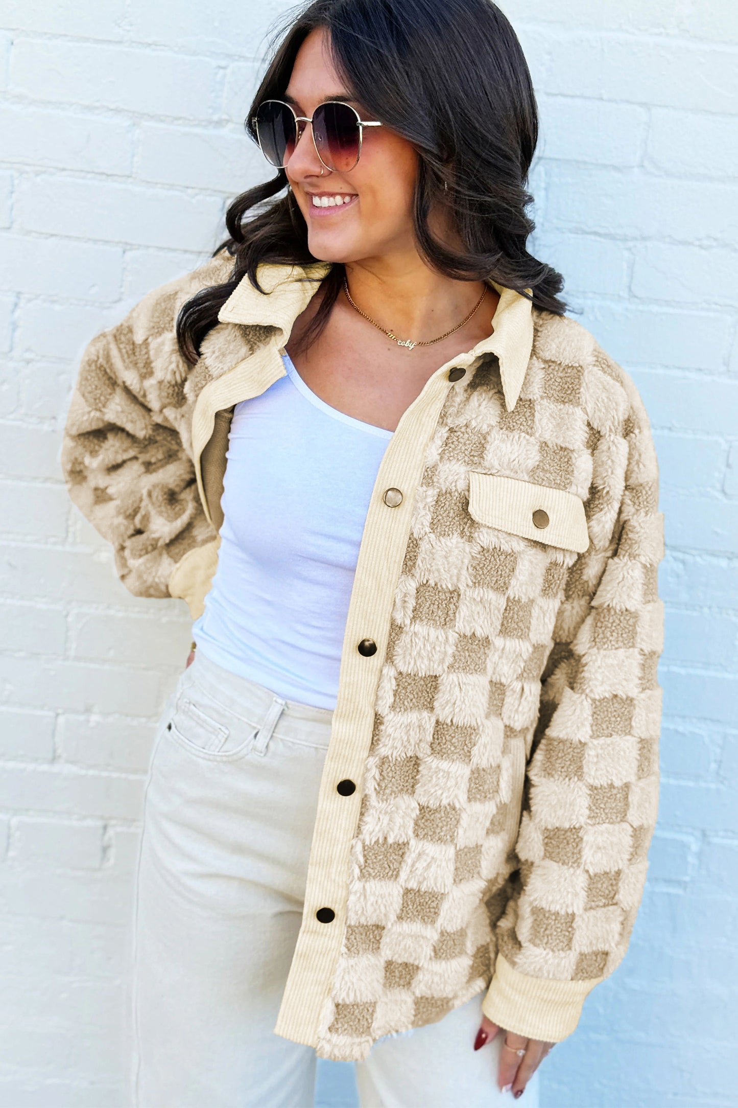 Khaki Plush Checkered Corduroy Trim Metal Button Long Sleeve Shift Silhouette Shacket-Outerwear/Jackets-[Adult]-[Female]-2022 Online Blue Zone Planet