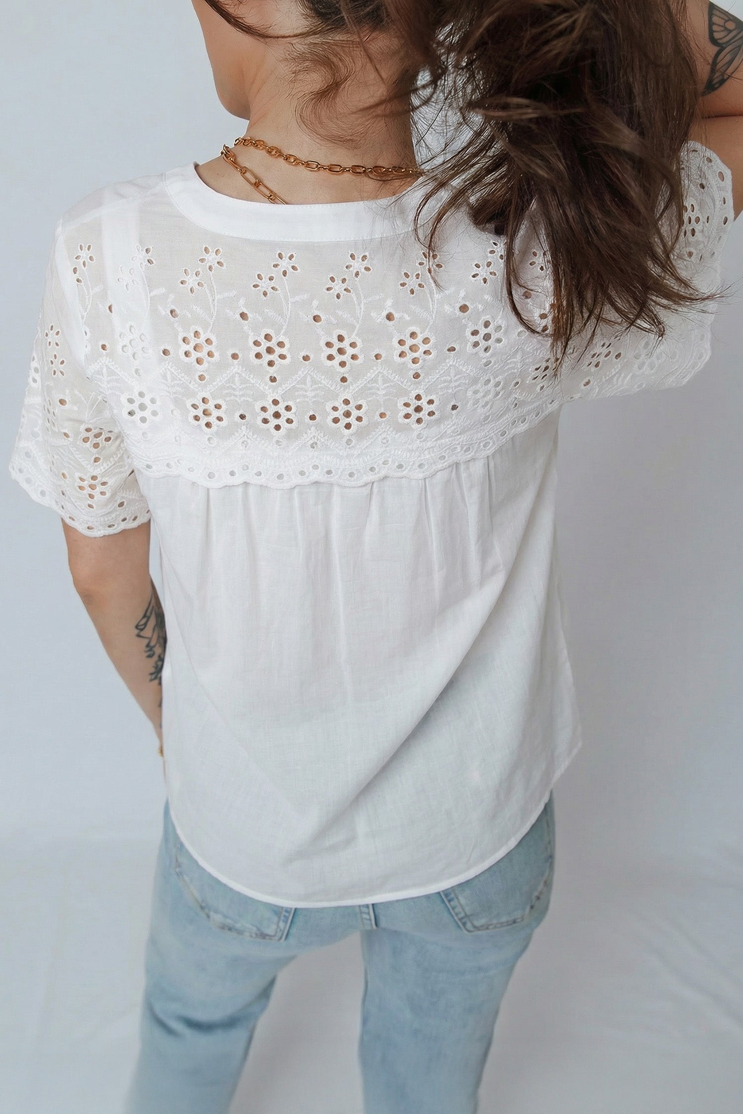 White Flower Eyelet Embroidered Patchwork Sheer Short Sleeve Shirt-Tops/Blouses & Shirts-[Adult]-[Female]-2022 Online Blue Zone Planet