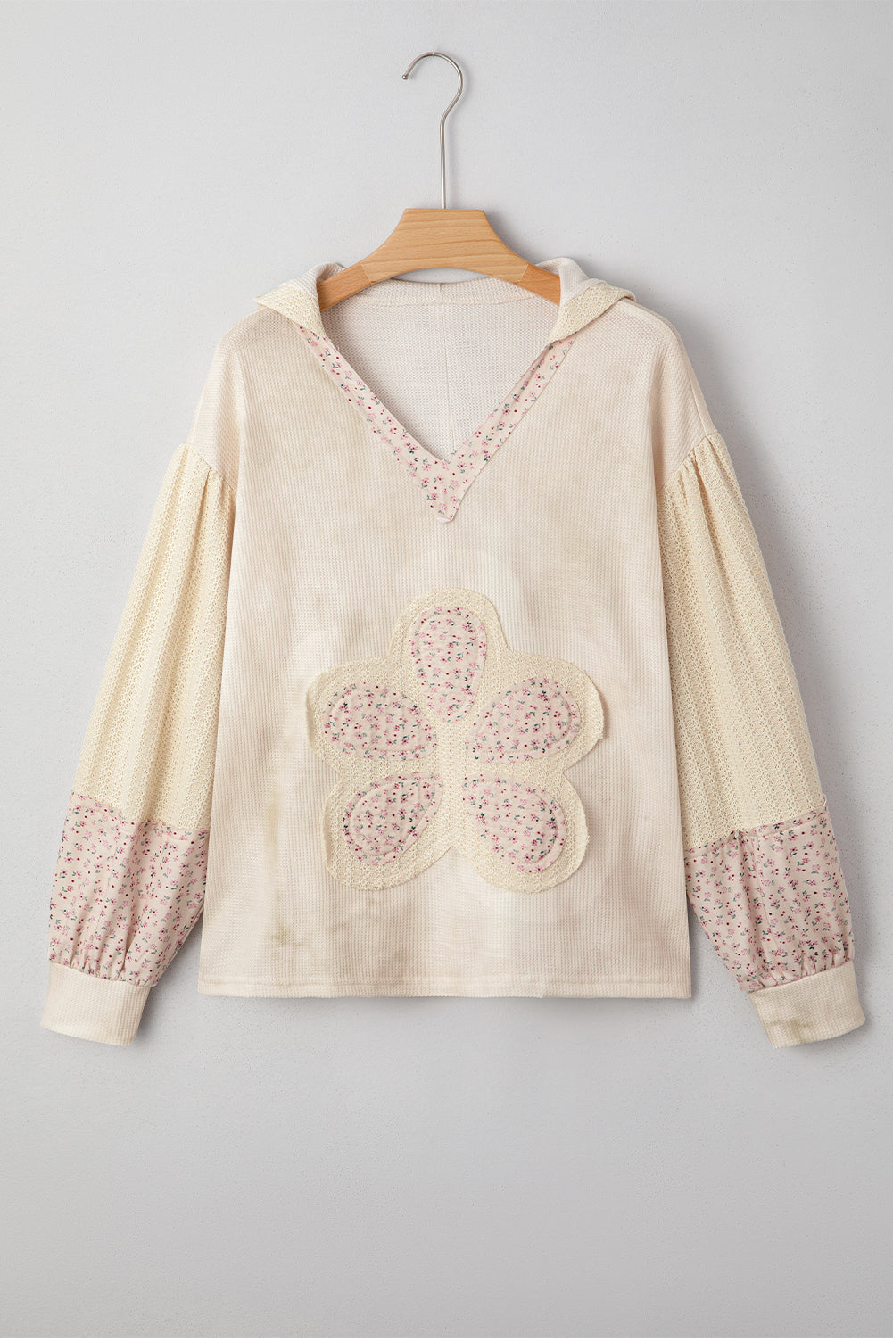Pink Floral Patched Waffle Textured Colorblock V Neck Casual Hooded Top-Tops / Dresses-[Adult]-[Female]-2022 Online Blue Zone Planet