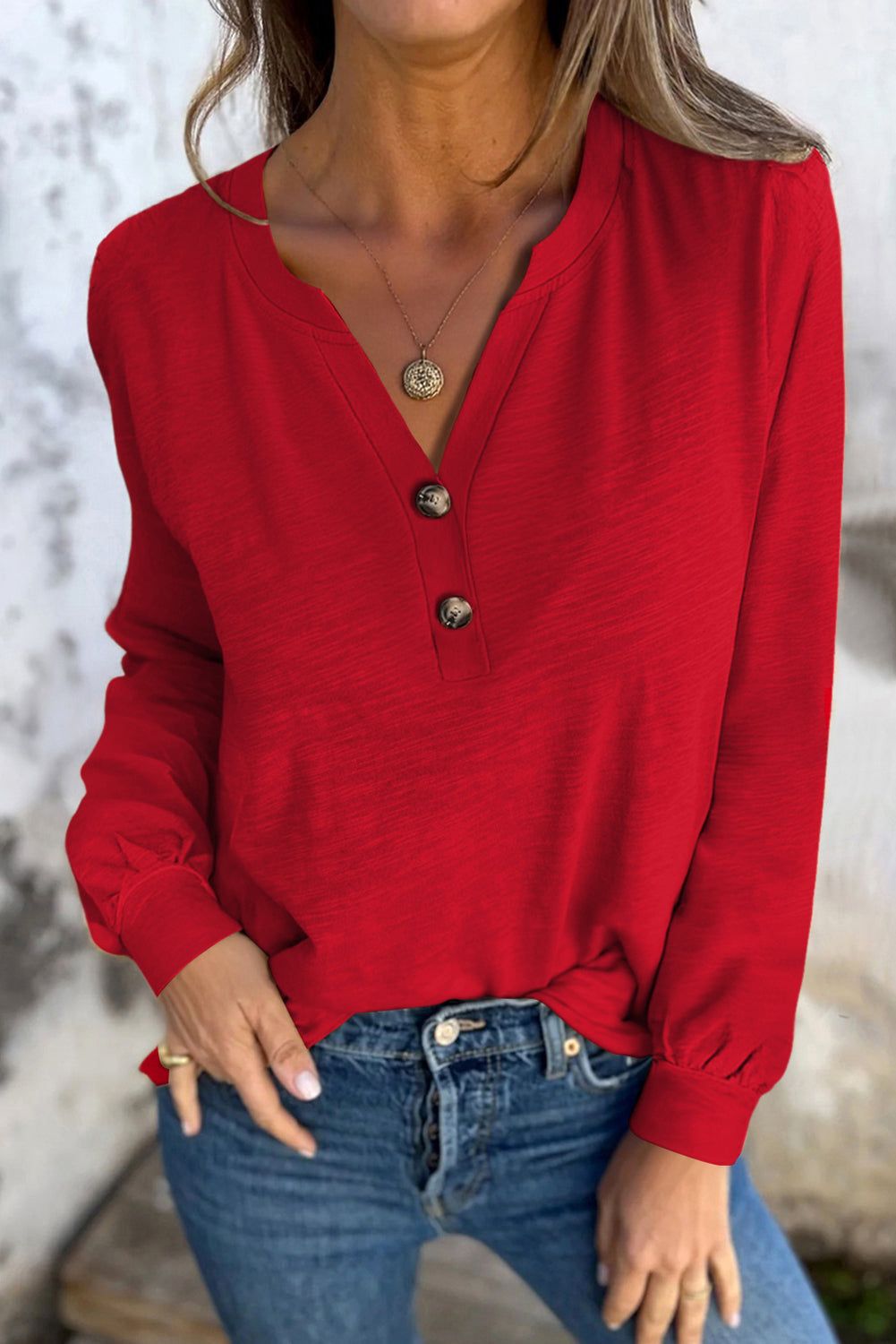 Racing Red Solid Color Button V Neck Long Sleeve Top-Tops/Long Sleeve Tops-[Adult]-[Female]-2022 Online Blue Zone Planet
