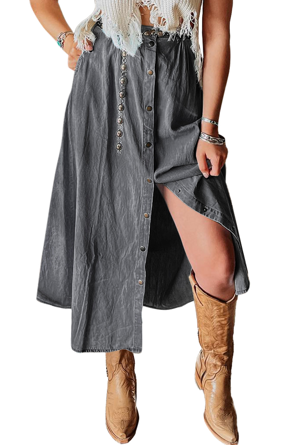 Dark Grey Fully Buttoned Long Denim Skirt-Bottoms/Skirts & Petticoat-[Adult]-[Female]-2022 Online Blue Zone Planet