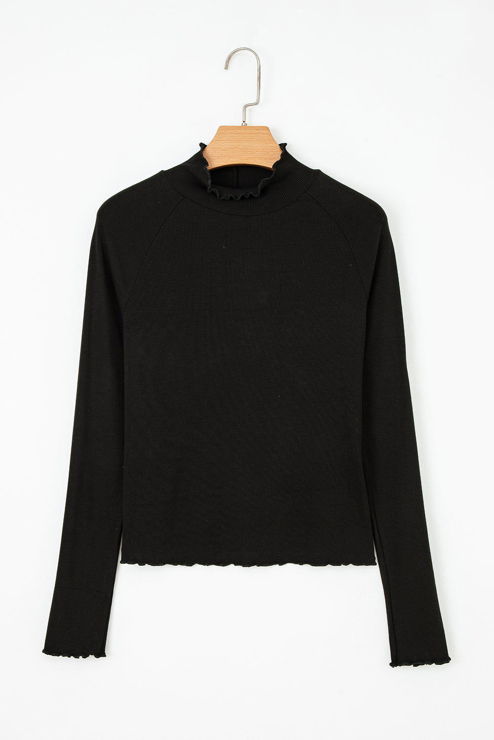 Black Ribbed Knit Lettuce Trim High Neck Long Sleeve Top-TOPS / DRESSES-[Adult]-[Female]-2022 Online Blue Zone Planet