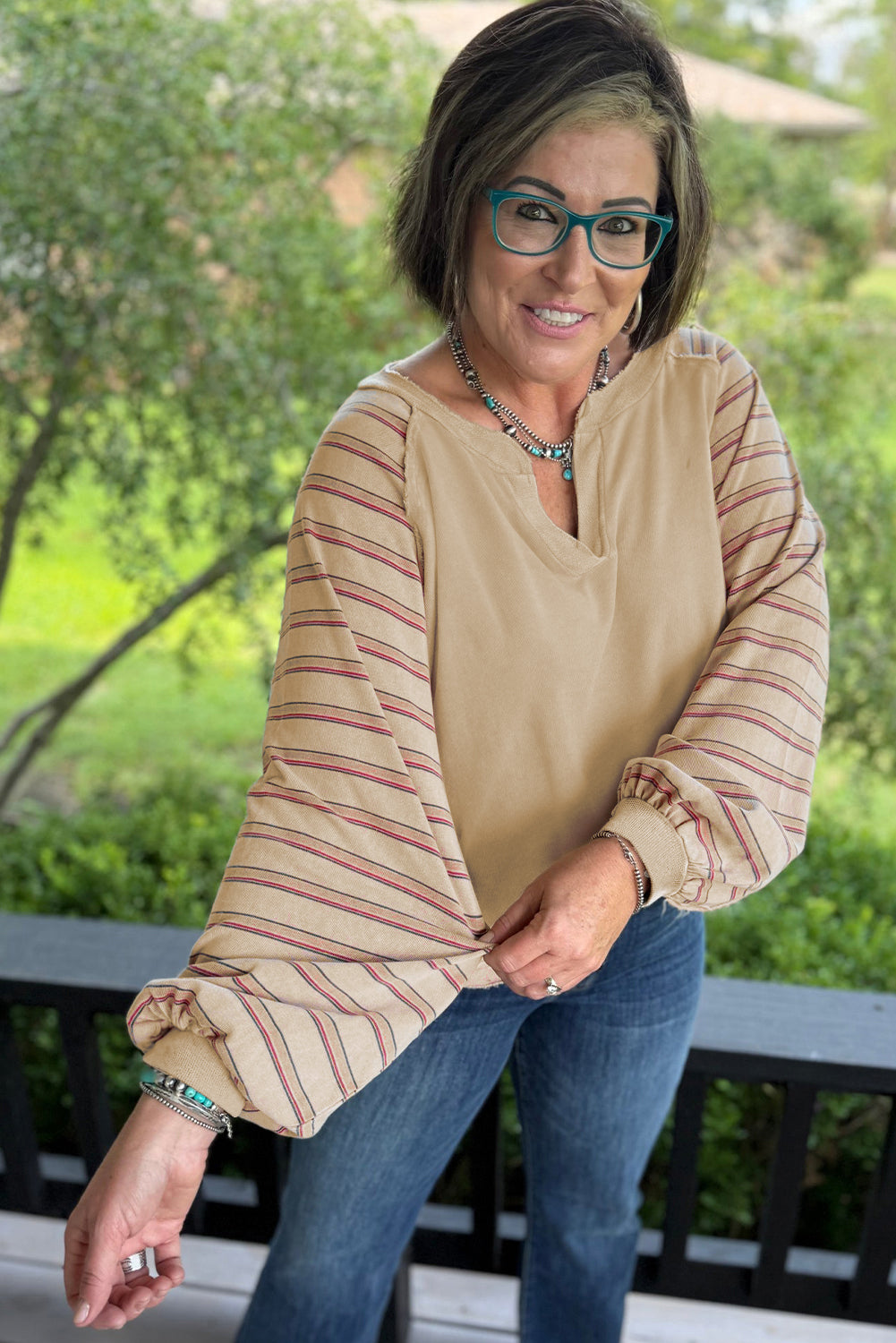 Parchment Striped Raglan Sleeve Notched Neck Raw Edge Plus Size Jumper-Plus Size/Plus Size Tops/Plus Size Long Sleeve Tops-[Adult]-[Female]-2022 Online Blue Zone Planet