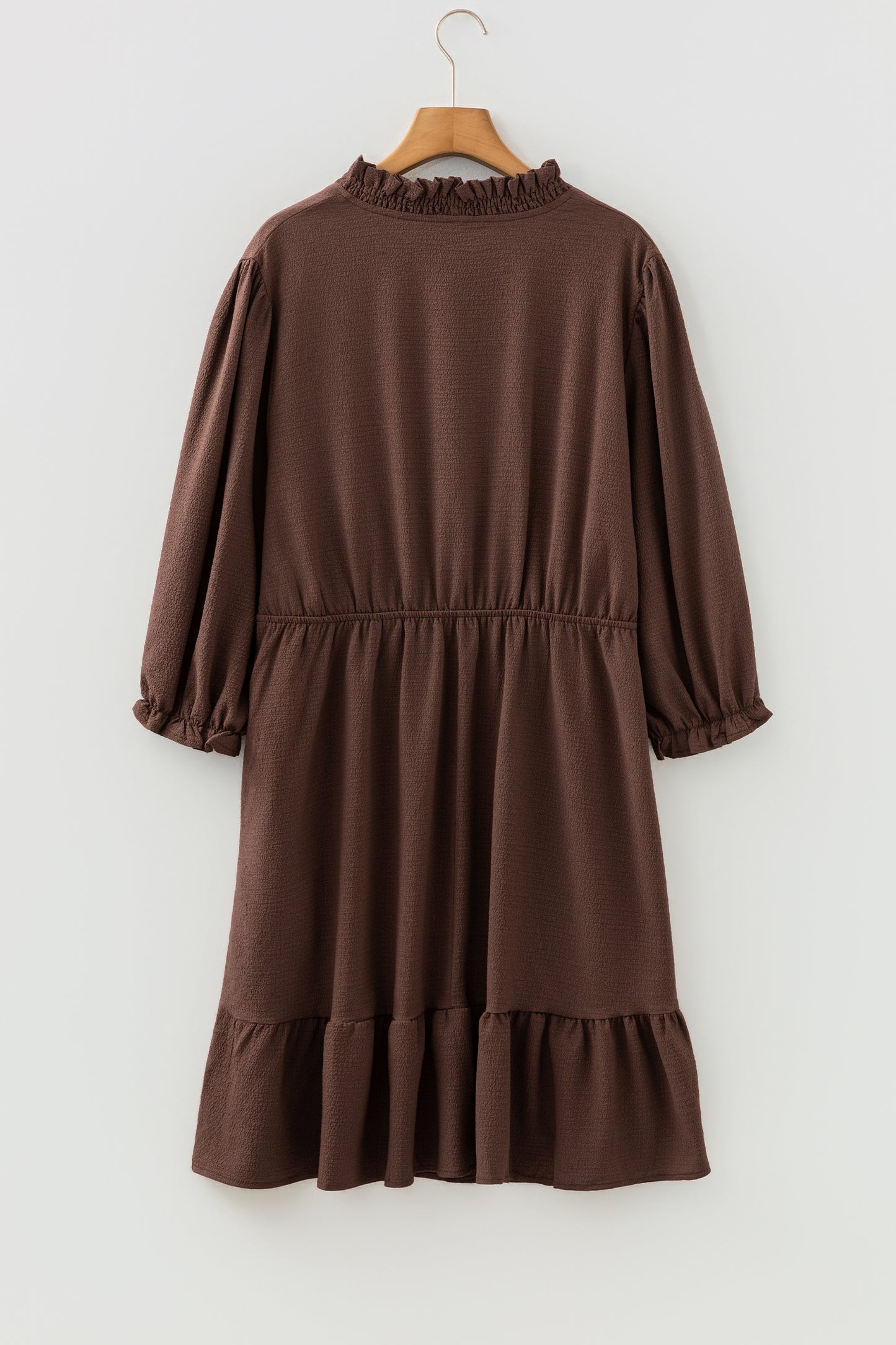 Coffee Plus Size Frilled Trim V Neck Puff Sleeve Textured Mini Dress-TOPS / DRESSES-[Adult]-[Female]-2022 Online Blue Zone Planet