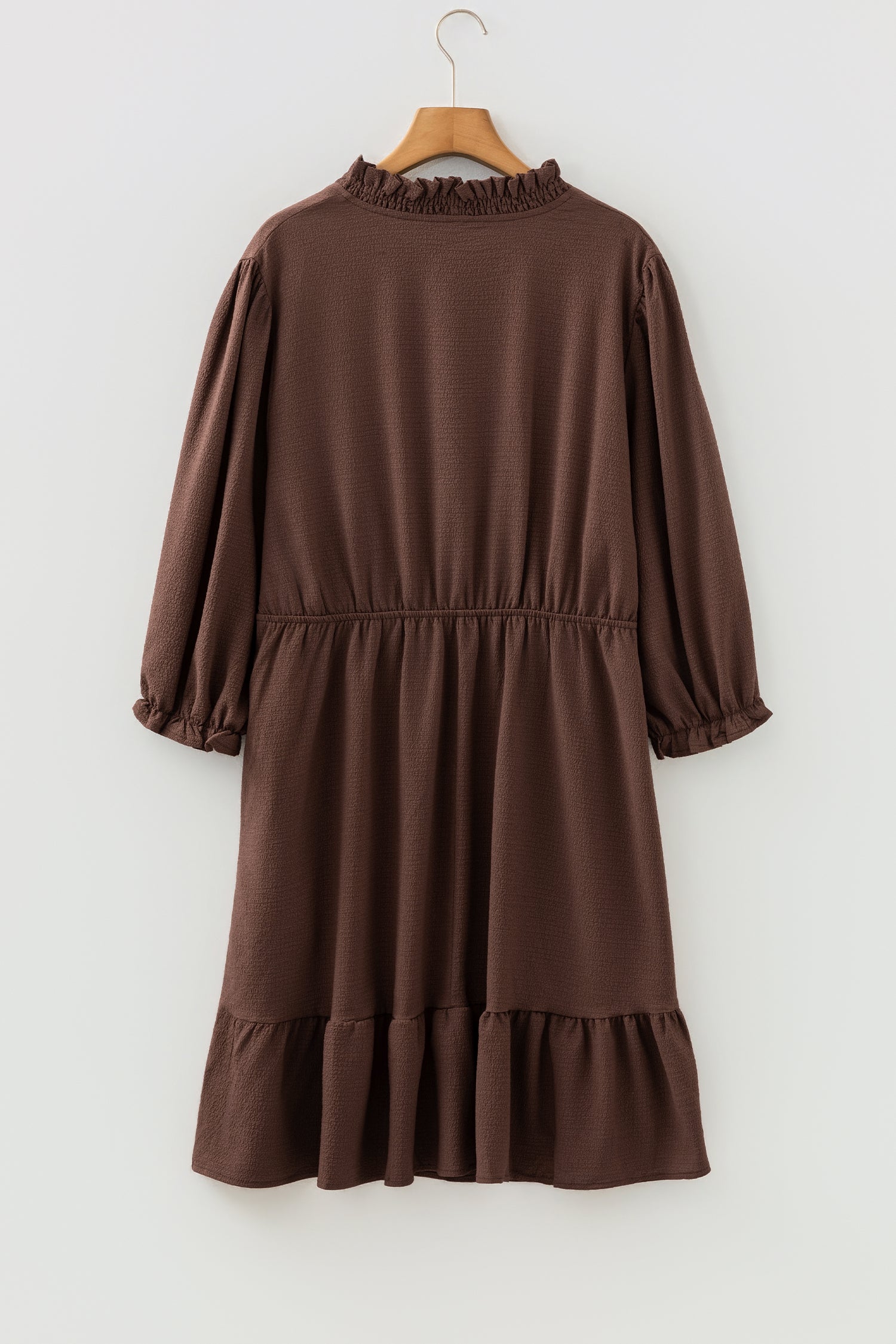 Coffee Plus Size Frilled Trim V Neck Puff Sleeve Textured Mini Dress-TOPS / DRESSES-[Adult]-[Female]-2022 Online Blue Zone Planet