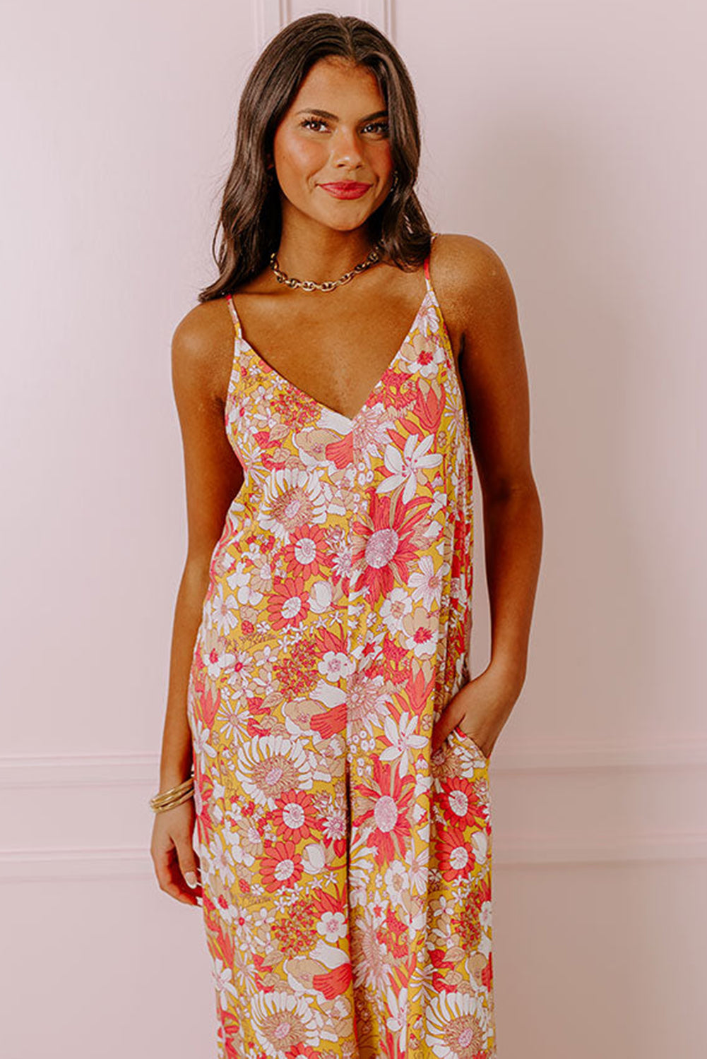 Orange Floral V Neck Wide Leg Sleeveless Jumpsuit