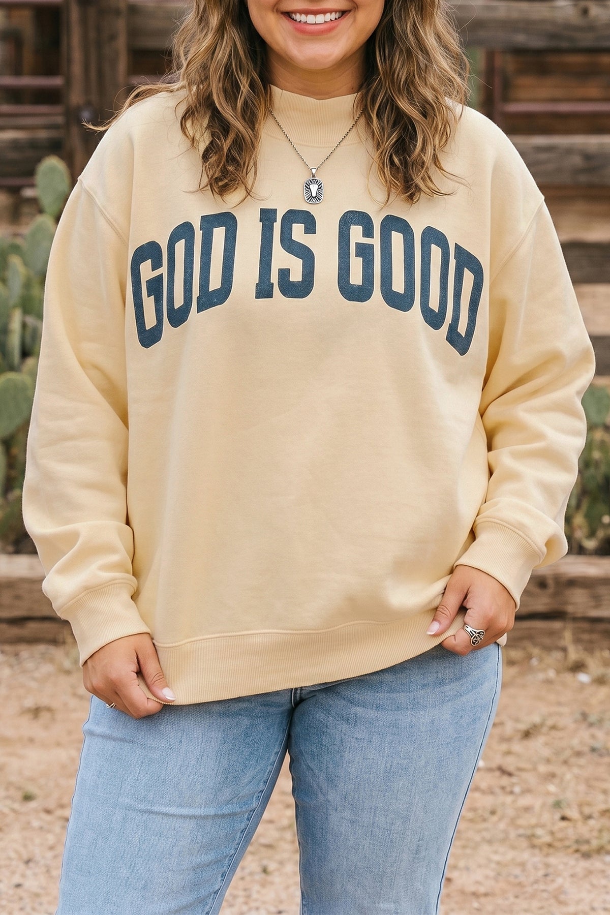 Yellow Jesus Slogan Stand Neck Long Sleeve Oversized Tunic Plus Size Sweatshirt