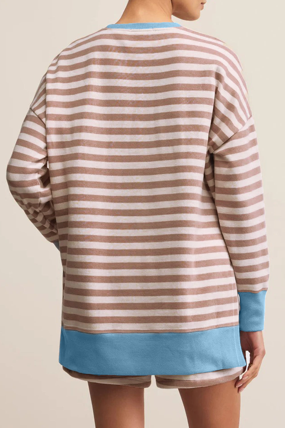 Khaki Stripe Contrast Edge Drop Shoulder Pullover and Shorts Plus Size Set-Plus Size/Plus Size Loungewear-[Adult]-[Female]-2022 Online Blue Zone Planet