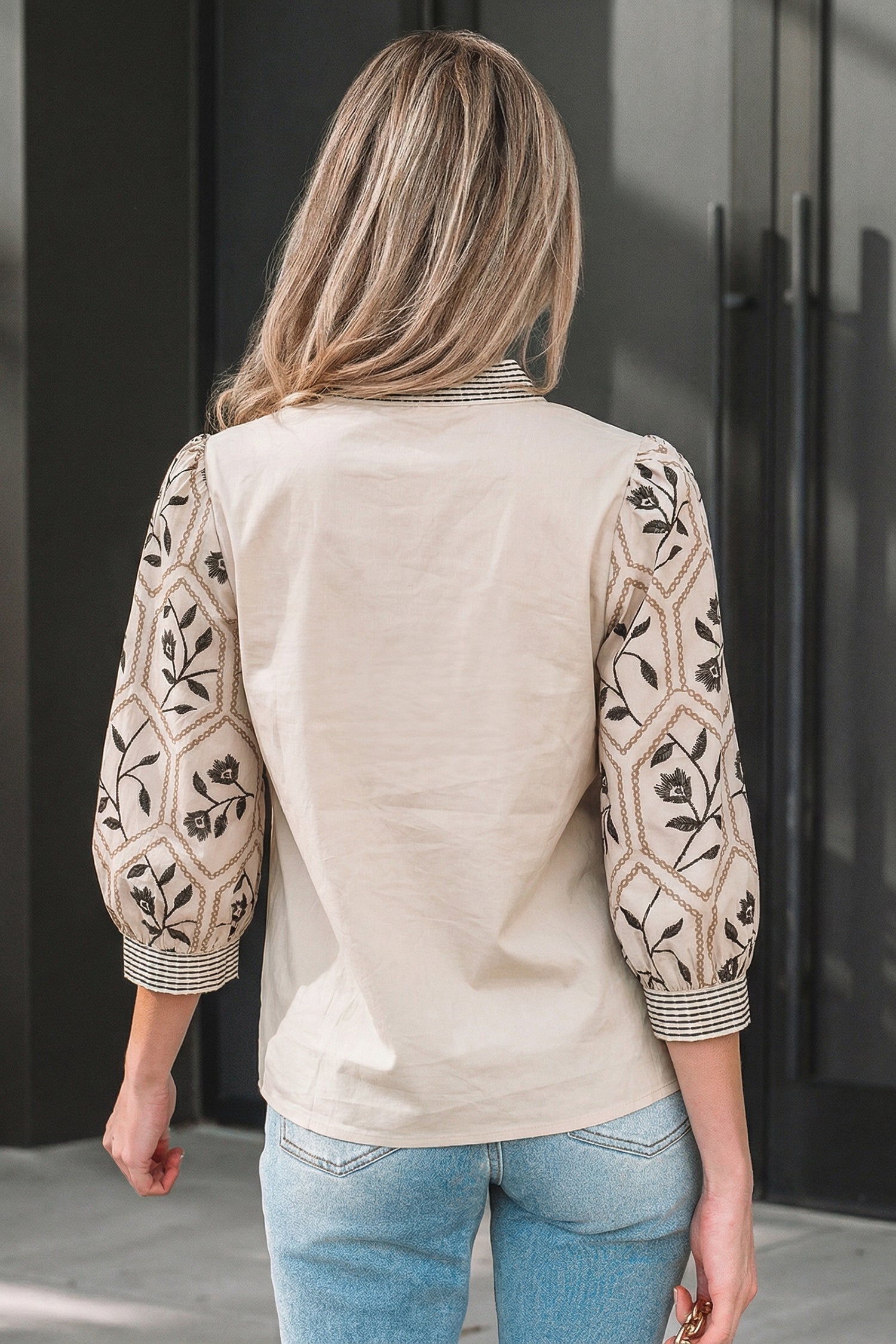 White Floral Puff Sleeve Contrast V Neck Patchwork Blouse-Tops/Blouses & Shirts-[Adult]-[Female]-2022 Online Blue Zone Planet