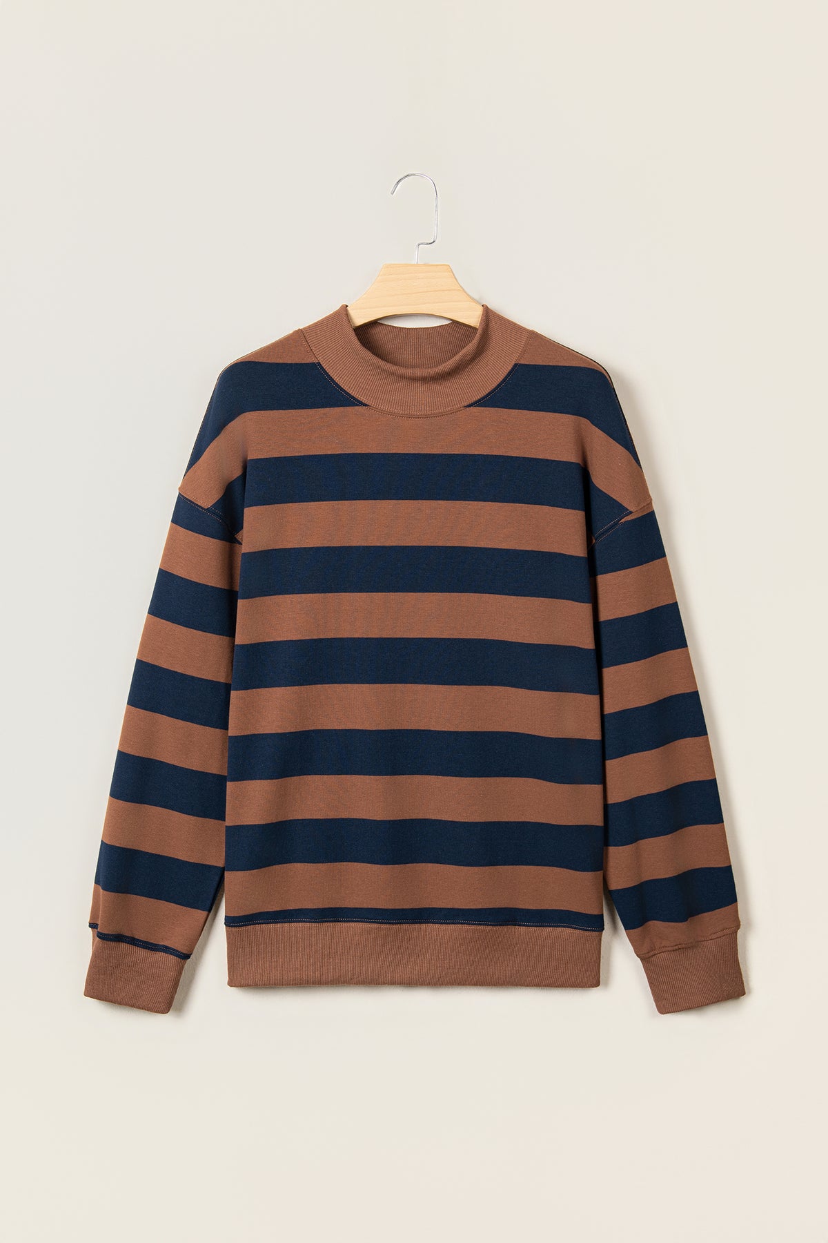 Brown Stripe Colorblock Mock Neck Relaxed Sweatshirt-Tops/Sweatshirts & Hoodies-[Adult]-[Female]-2022 Online Blue Zone Planet