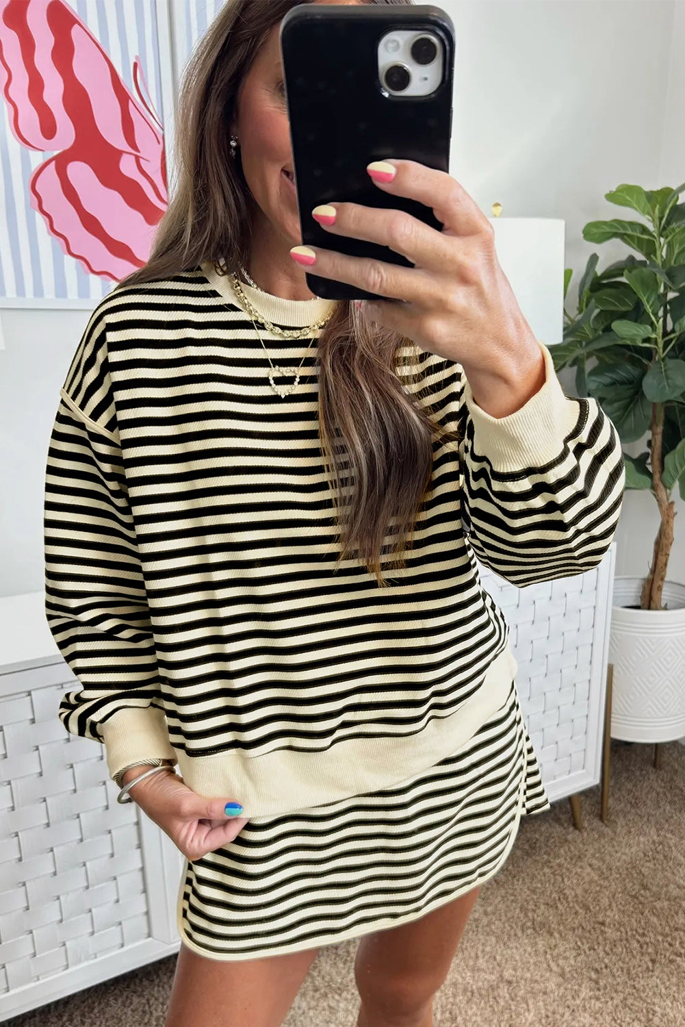 Black Stripe Textured Drop Shoulder Pullover Top Drawstring Mini Skirt Two Piece Dress Set-TOPS / DRESSES-[Adult]-[Female]-2022 Online Blue Zone Planet