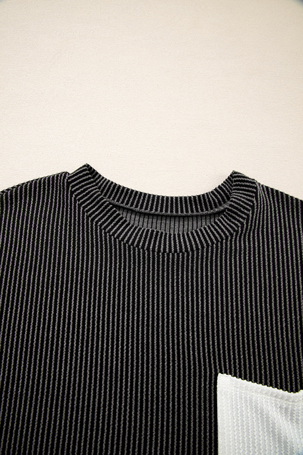 Carbon Grey Corded Knit Color Block Pocketed Crew Neck T Shirt-Tops/Tops & Tees-[Adult]-[Female]-2022 Online Blue Zone Planet