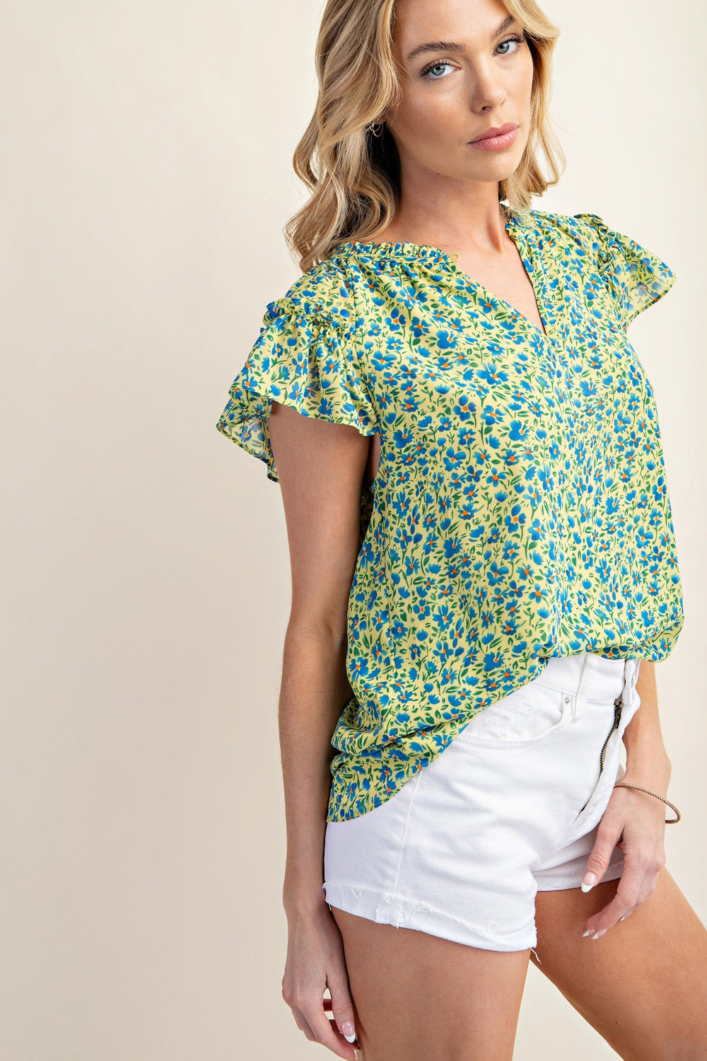 Kori America Floral Notched Ruffled Cap Sleeve Blouse-TOPS / DRESSES-[Adult]-[Female]-2022 Online Blue Zone Planet