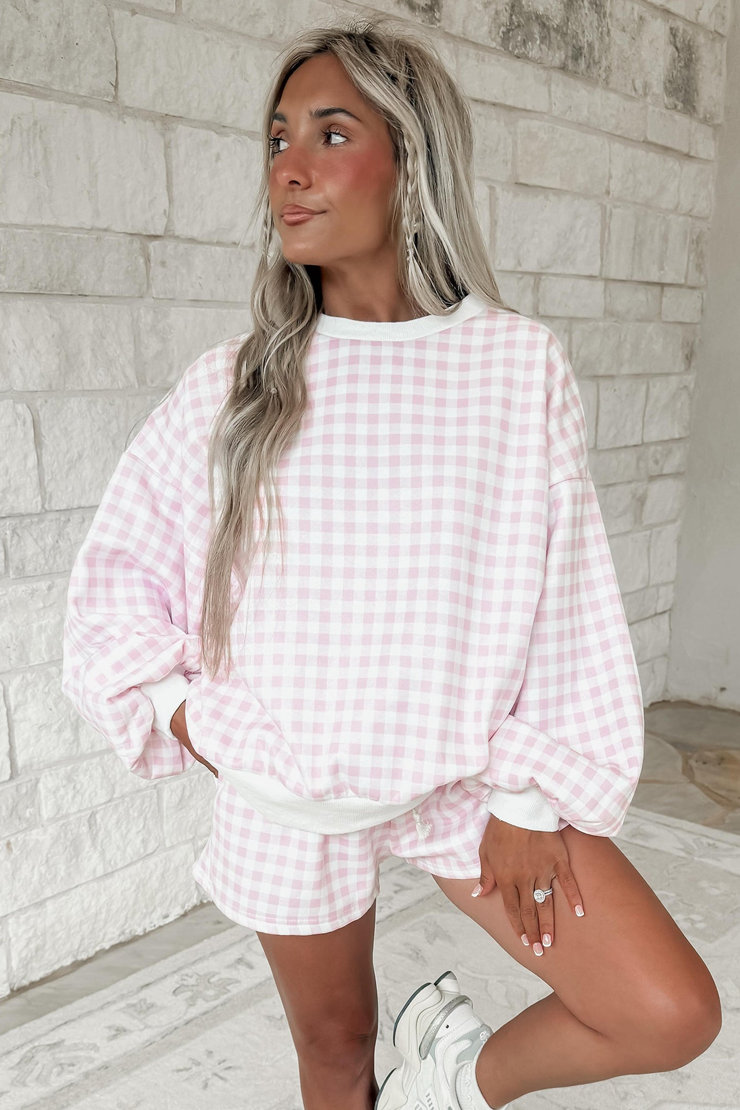 Pink Plaid Baggy Pullover Drawstring Casual Shorts 2pcs Outfit-Two Piece Sets/Short Sets-[Adult]-[Female]-2022 Online Blue Zone Planet