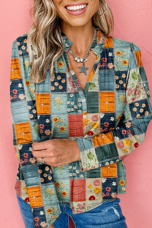 Sky Blue Fall Floral Half Placket Collared V Neck Blouse