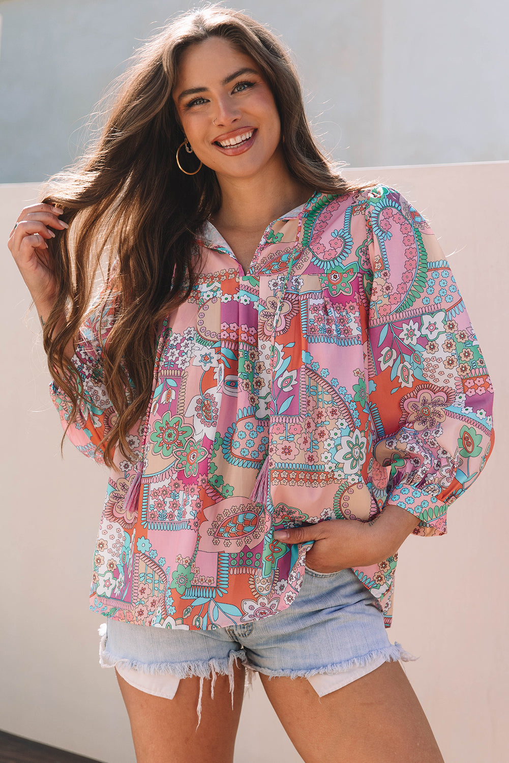 Multicolour Boho Floral Bubble Sleeve Tassel Tied Neck Pleated Blouse-Tops/Blouses & Shirts-[Adult]-[Female]-2022 Online Blue Zone Planet