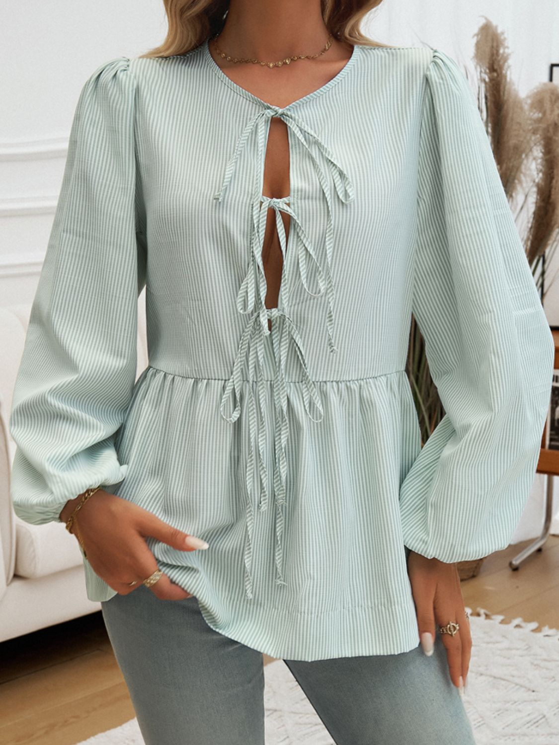 Tied Striped Long Sleeve Blouse-TOPS / DRESSES-[Adult]-[Female]-Gum Leaf-S-2022 Online Blue Zone Planet