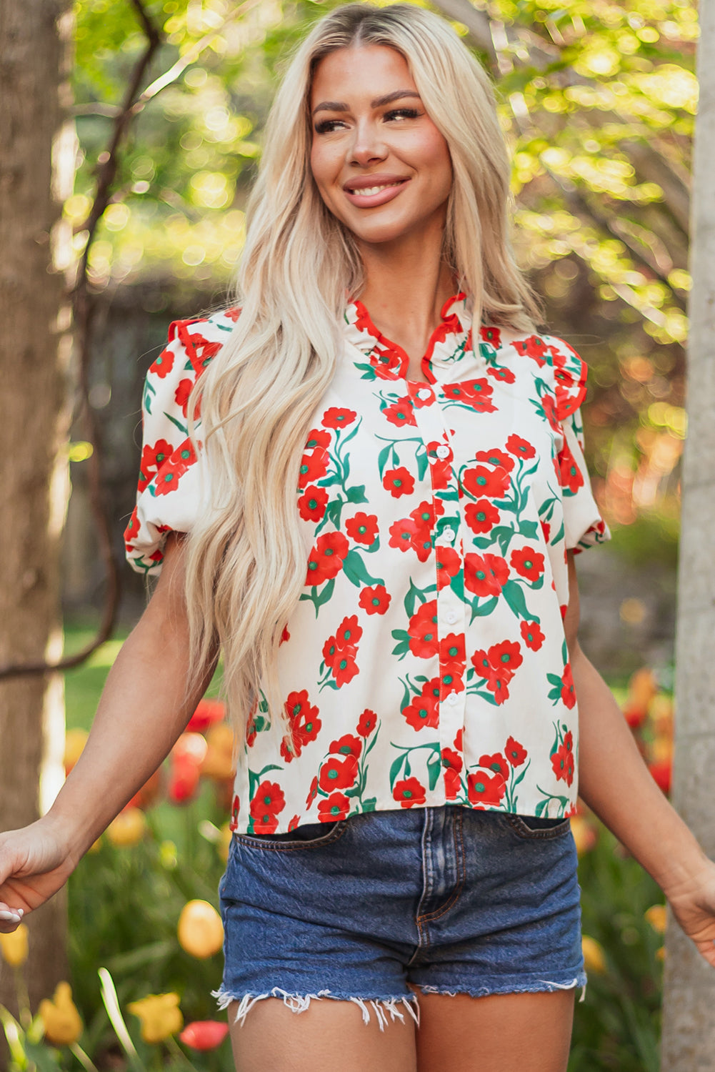 Red Floral Print Ruffled Puff Sleeve Elegant Summer Shirt-Tops/Blouses & Shirts-[Adult]-[Female]-2022 Online Blue Zone Planet