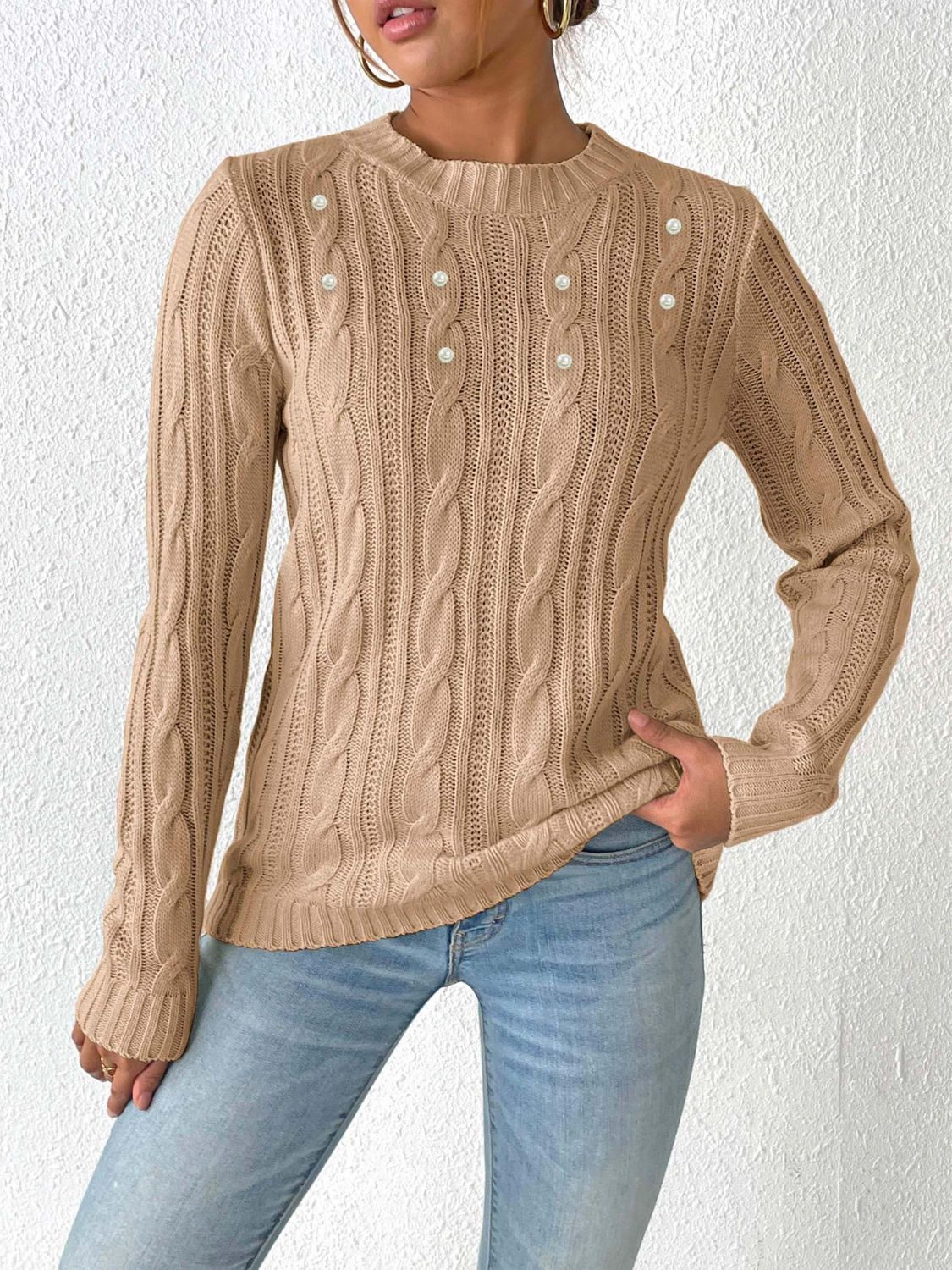 Blue Zone Planet | Cable-Knit Round Neck Long Sleeve Sweater-TOPS / DRESSES-[Adult]-[Female]-Camel-S-2022 Online Blue Zone Planet