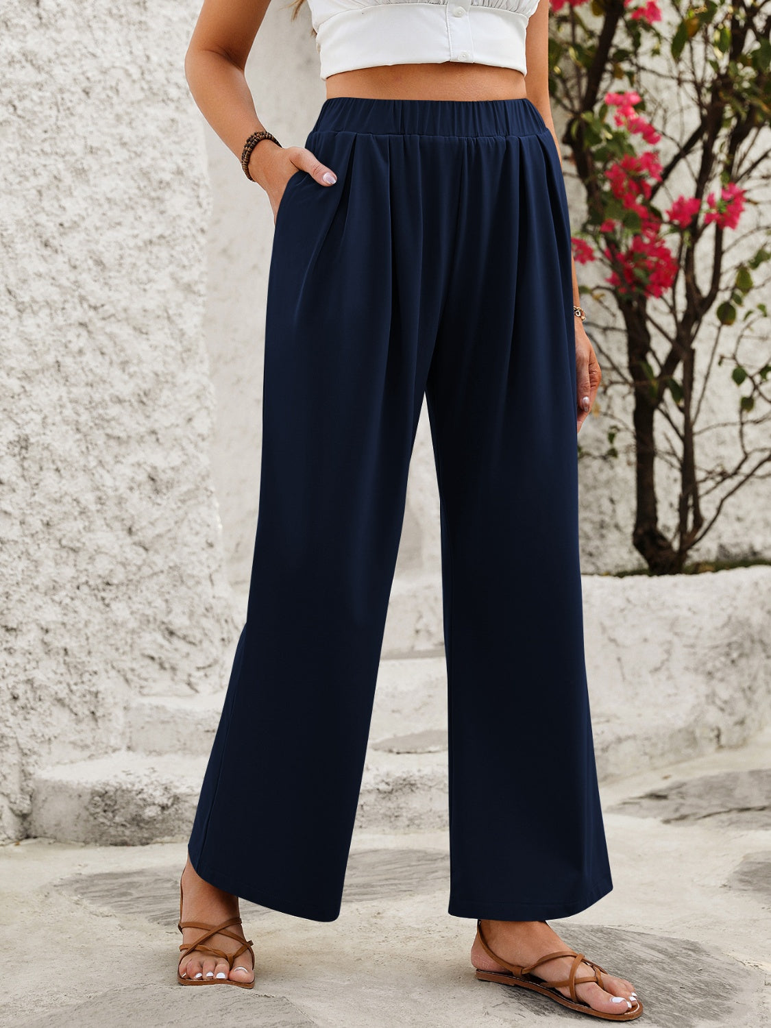 Blue Zone Planet | Elastic Waist Wide Leg Pants-TOPS / DRESSES-[Adult]-[Female]-Navy-XS-2022 Online Blue Zone Planet