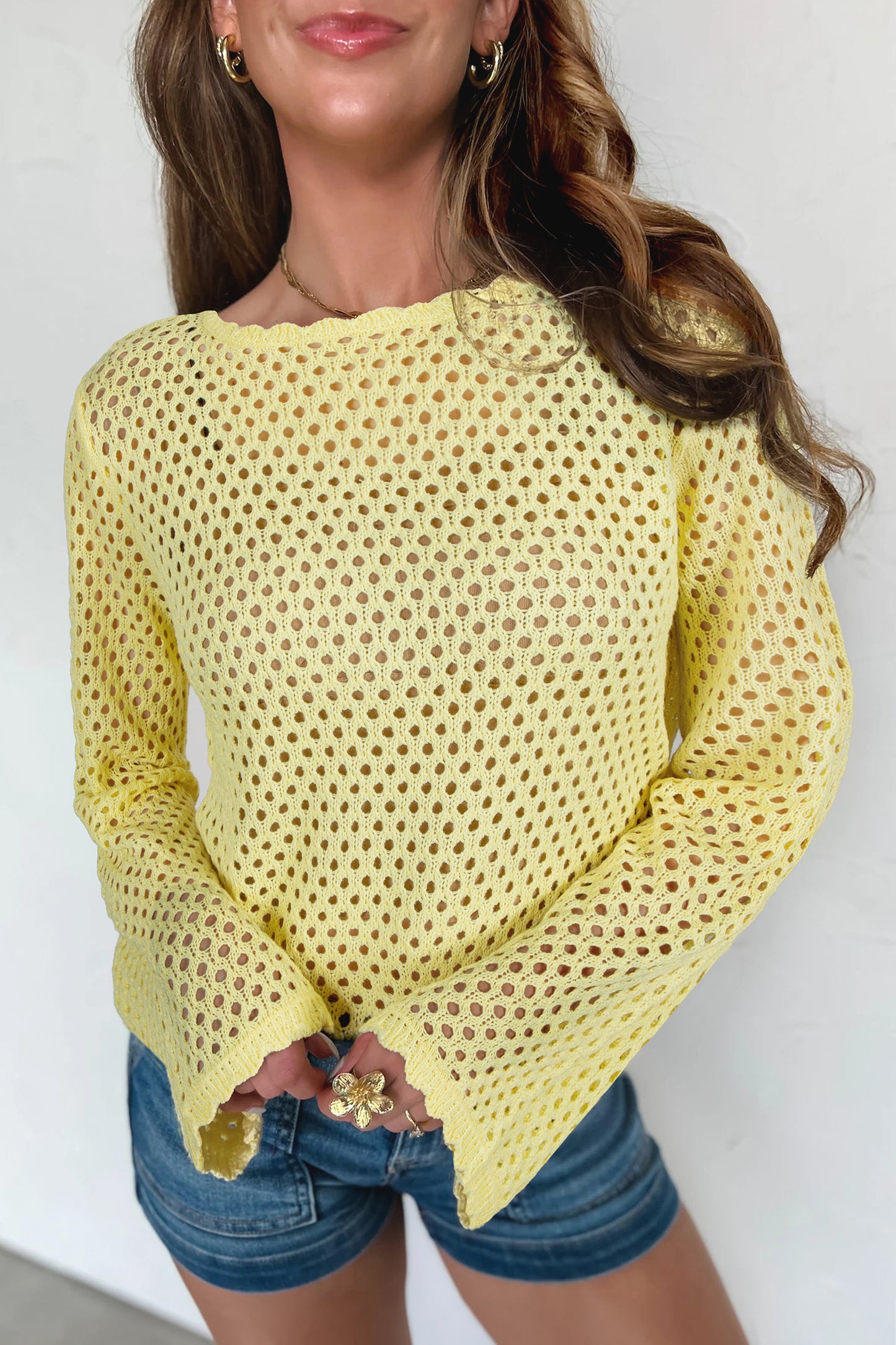 Yellow Cream Scalloped Trim Hollow Out Knit Long Sleeve Top-Sweaters & Cardigans/Sweaters-[Adult]-[Female]-2022 Online Blue Zone Planet