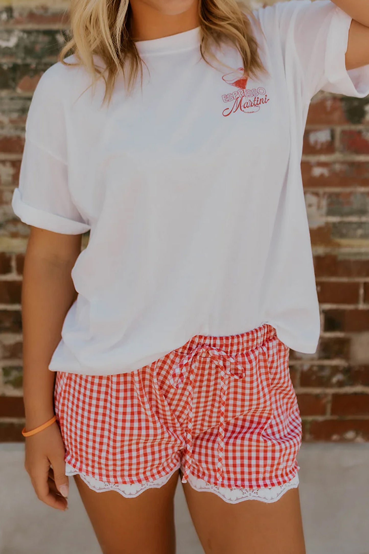 Red Gingham Plaid Tie Elastic Waist Lace Patchwork Hem Casual Shorts-Bottoms/Casual Shorts-[Adult]-[Female]-2022 Online Blue Zone Planet