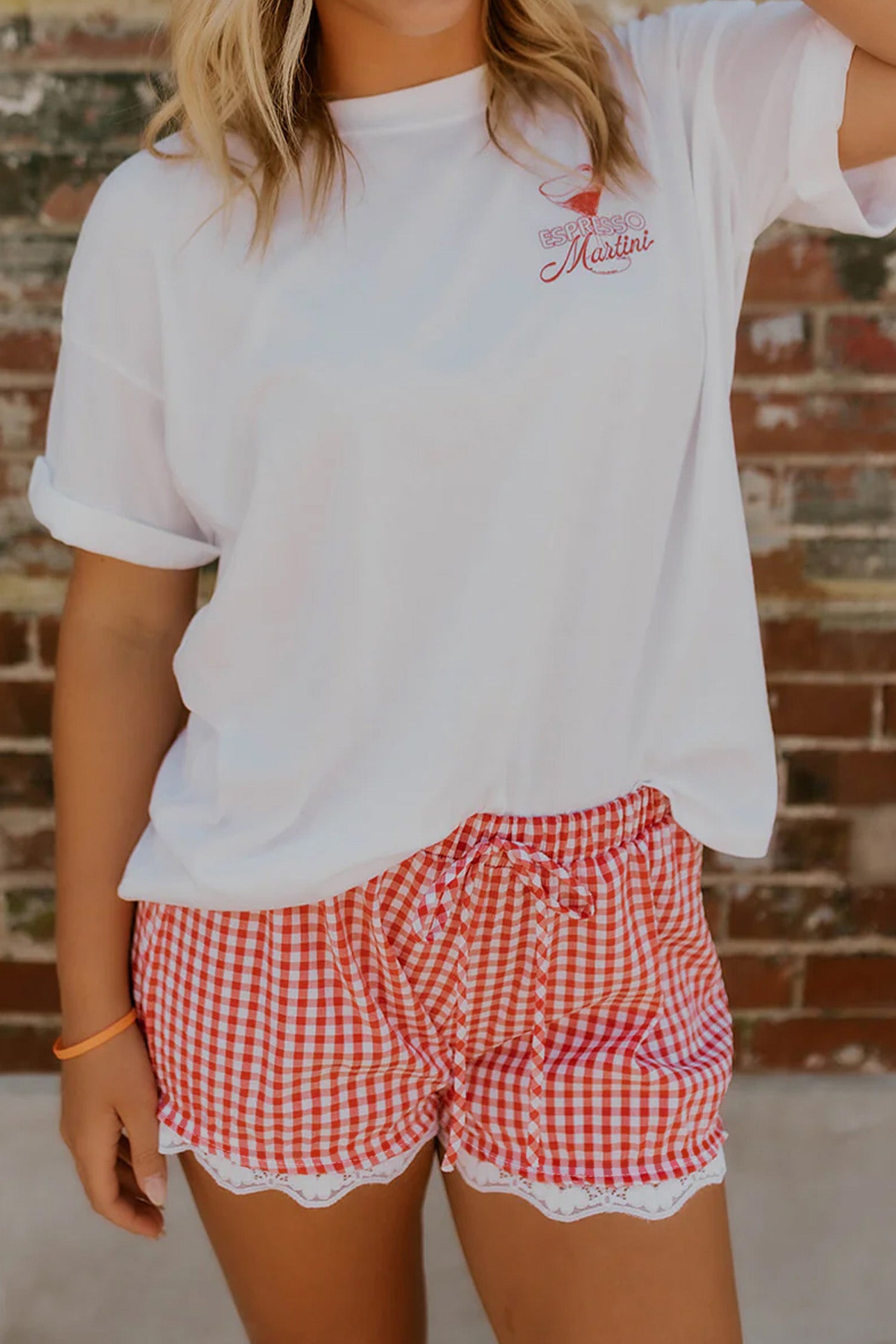 Red Gingham Plaid Tie Elastic Waist Lace Patchwork Hem Casual Shorts-Bottoms/Casual Shorts-[Adult]-[Female]-2022 Online Blue Zone Planet