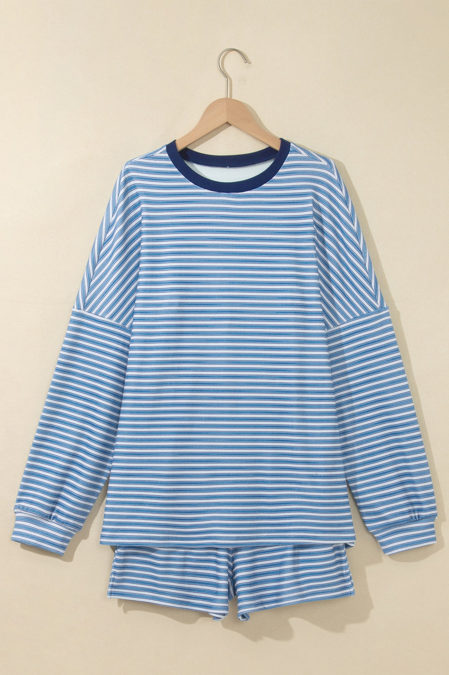 Sky Blue Stripe Long Sleeve Oversized Top Pocketed Casual Shorts Two Piece Set-Two Piece Sets/Short Sets-[Adult]-[Female]-2022 Online Blue Zone Planet