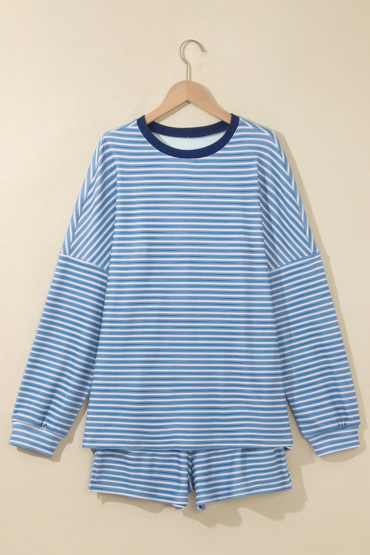 Sky Blue Stripe Long Sleeve Oversized Top Pocketed Casual Shorts Two Piece Set-Two Piece Sets/Short Sets-[Adult]-[Female]-2022 Online Blue Zone Planet