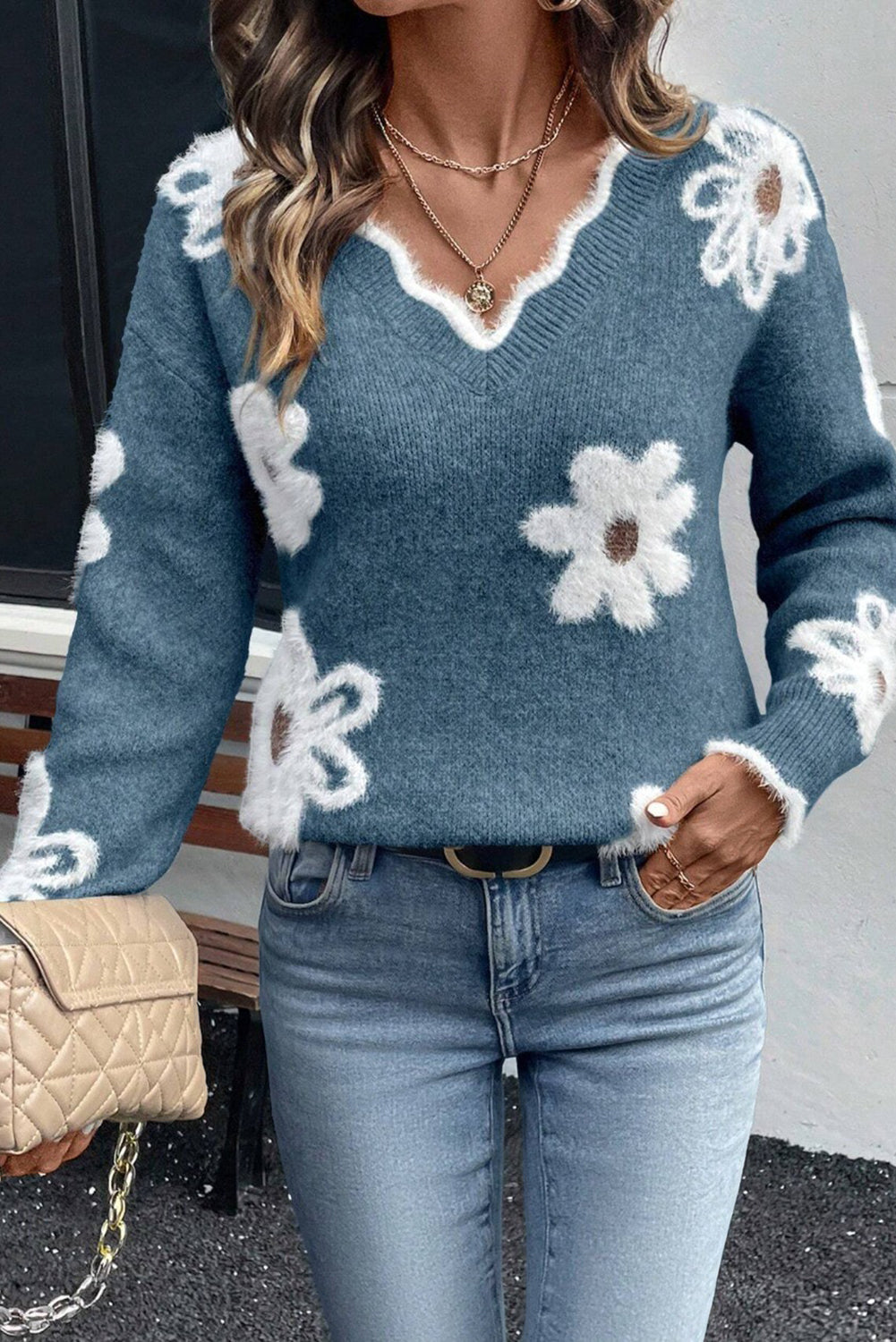 Dusk Blue Plush Flower Pattern Scalloped Trim V Neck Sweater-TOPS / DRESSES-[Adult]-[Female]-Dusk Blue-S-2022 Online Blue Zone Planet