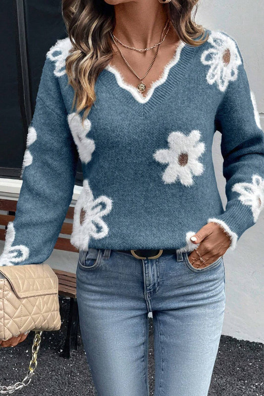 Dusk Blue Plush Flower Pattern Scalloped Trim V Neck Sweater-TOPS / DRESSES-[Adult]-[Female]-Dusk Blue-S-2022 Online Blue Zone Planet