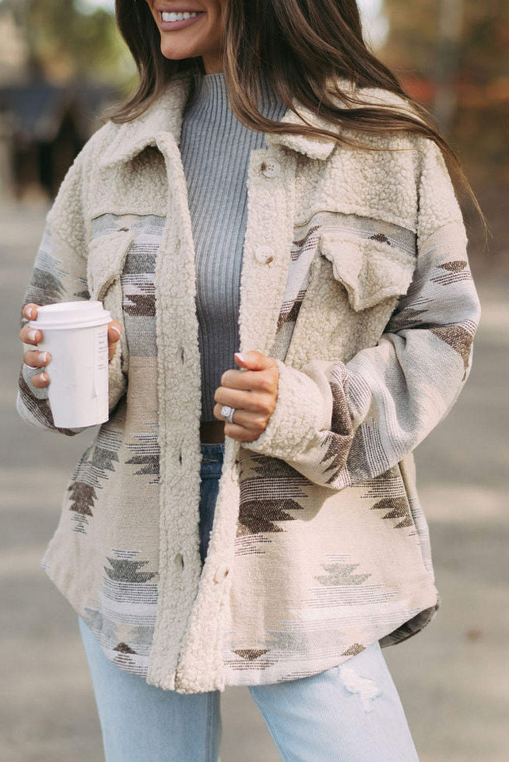 Pink Western Aztec Print Sherpa Splicing Buttoned Flap Pocket Coat-Outerwear/Jackets-[Adult]-[Female]-Khaki-S-2022 Online Blue Zone Planet