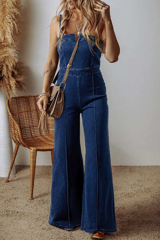 Blue Zone Planet | Sail Blue Seamed Zipper Spaghetti Strap High Waist Flared Jumpsuit-Bottoms/Jumpsuits & Rompers-[Adult]-[Female]-Sail Blue-4-2022 Online Blue Zone Planet