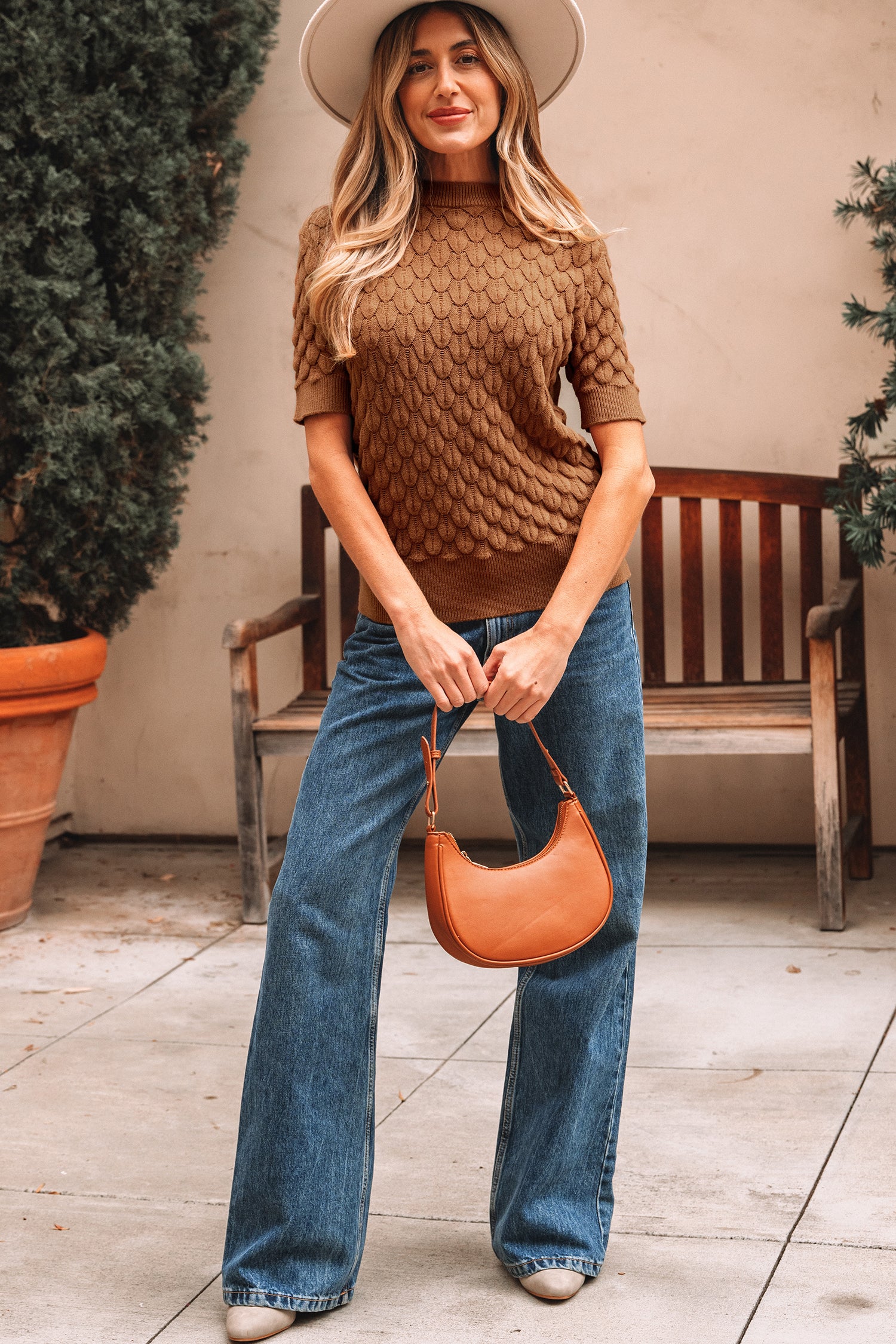 Straw Yellow Fish Scale Textured Knit Ribbed High Neck Short Sleeve Sweater-Sweaters & Cardigans/Short Sleeve Sweaters-[Adult]-[Female]-2022 Online Blue Zone Planet