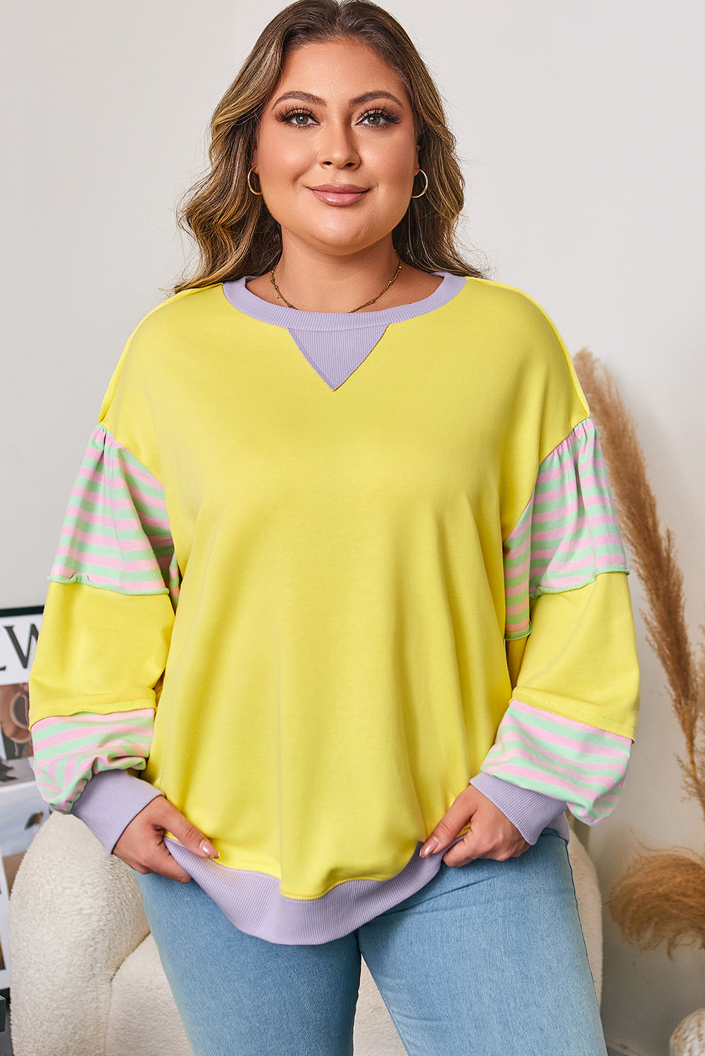 Yellow Striped Color Block Patchwork Crewneck Plus Size Pullover Sweatshirt-Plus Size/Plus Size Sweatshirts & Hoodies-[Adult]-[Female]-2022 Online Blue Zone Planet