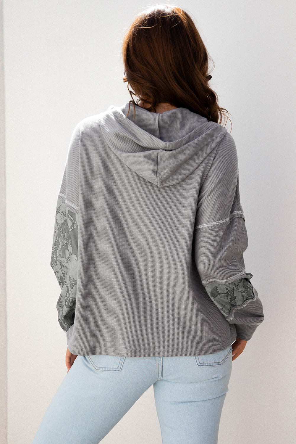 Gray Waffle Printed Patchwork Drawstring Hooded Long Sleeve Top-Tops / Dresses-[Adult]-[Female]-2022 Online Blue Zone Planet