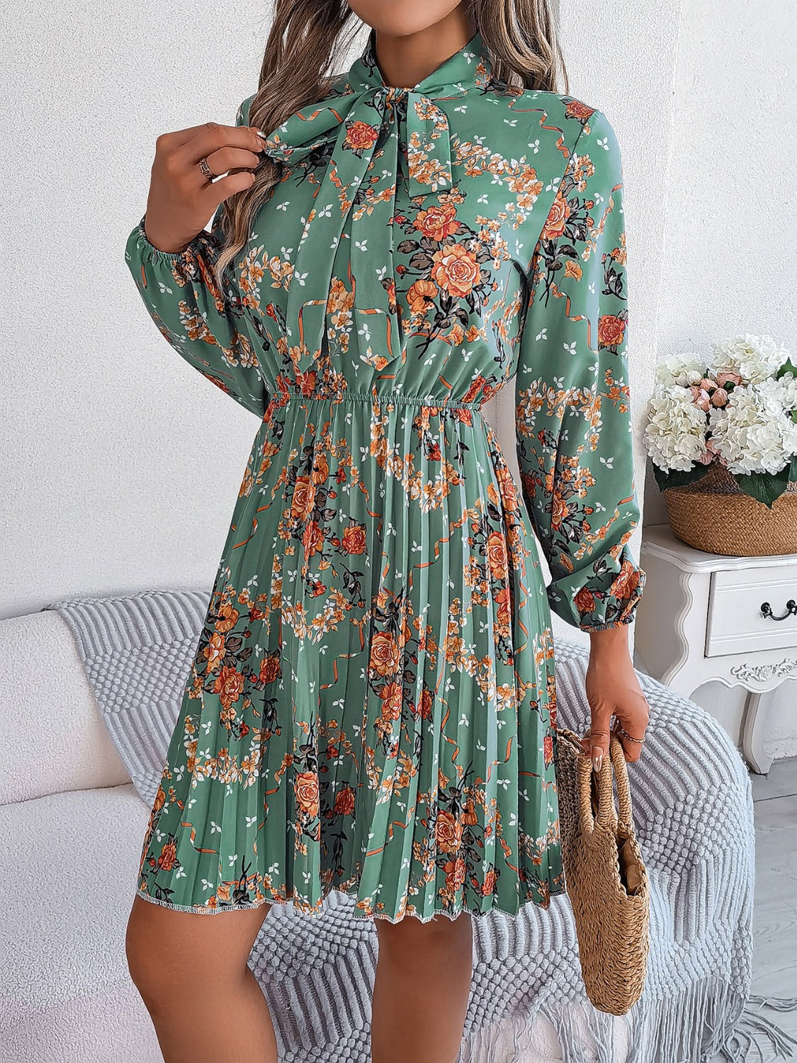 Pleated Printed Tie Neck Long Sleeve Dress-TOPS / DRESSES-[Adult]-[Female]-2022 Online Blue Zone Planet