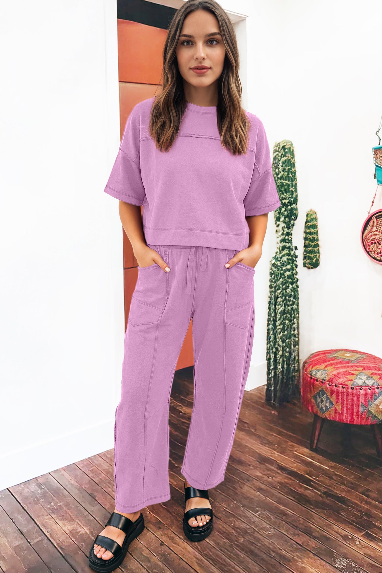 Sky Blue Drop Shoulder Boxy Tee and Barrel Pants Set-Two Piece Sets/Pant Sets-[Adult]-[Female]-2022 Online Blue Zone Planet