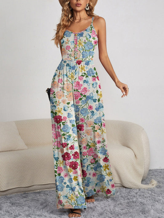 FAM-FAM Decorative Button Spaghetti Strap Wide Leg Jumpsuit-TOPS / DRESSES-[Adult]-[Female]-Floral-S-2022 Online Blue Zone Planet