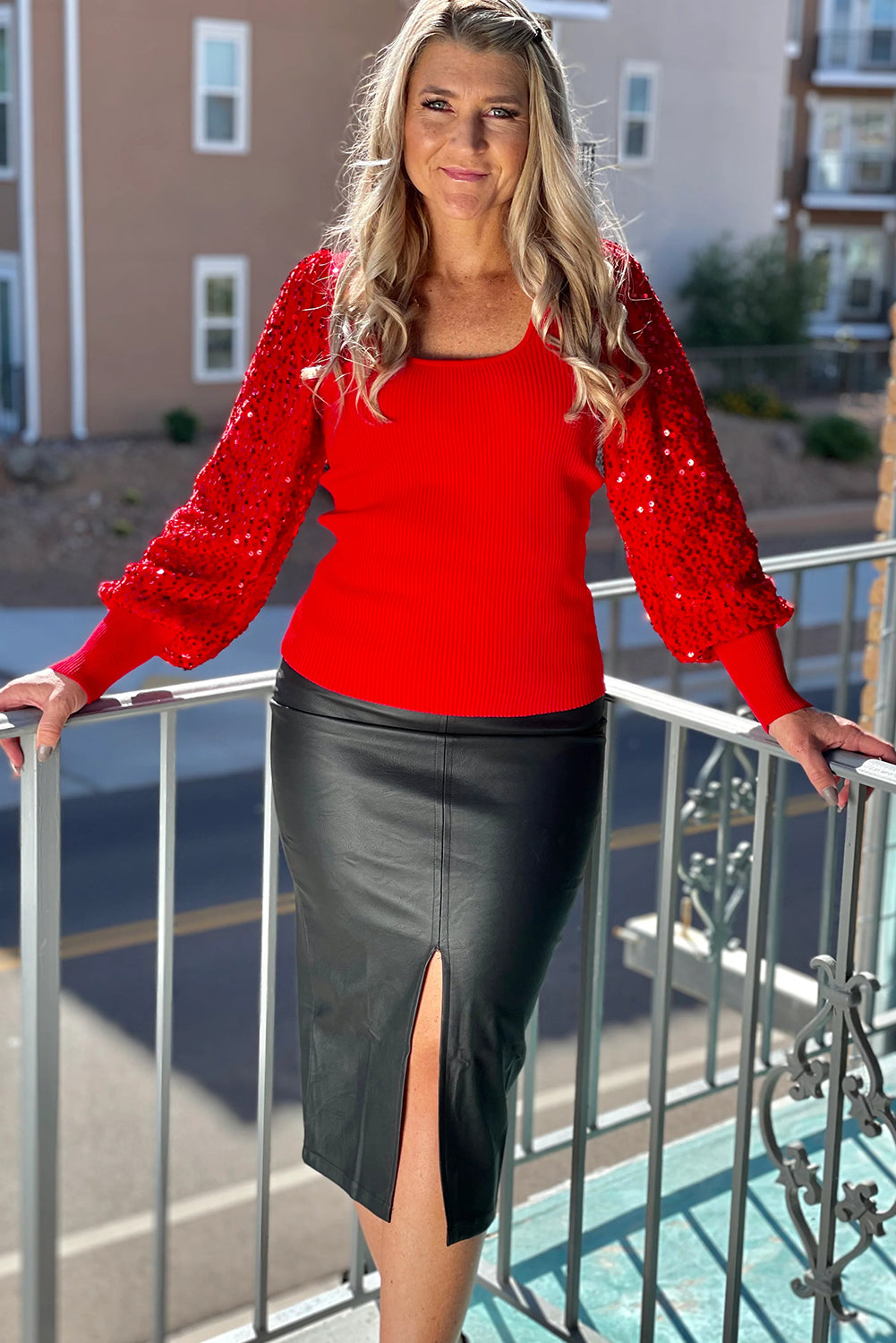 Fiery Red Sequin Sleeve Patchwork Ribbing Knit Square Neck Holiday Sweater-Sweaters & Cardigans/Sweaters-[Adult]-[Female]-2022 Online Blue Zone Planet