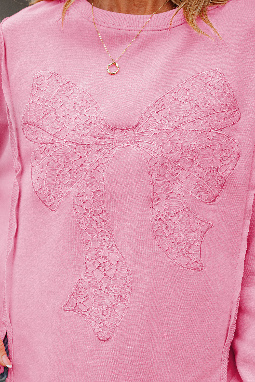 Bonbon Lace Insert Bow Embroidered Exposed Seam Sweatshirt-Tops/Sweatshirts & Hoodies-[Adult]-[Female]-2022 Online Blue Zone Planet