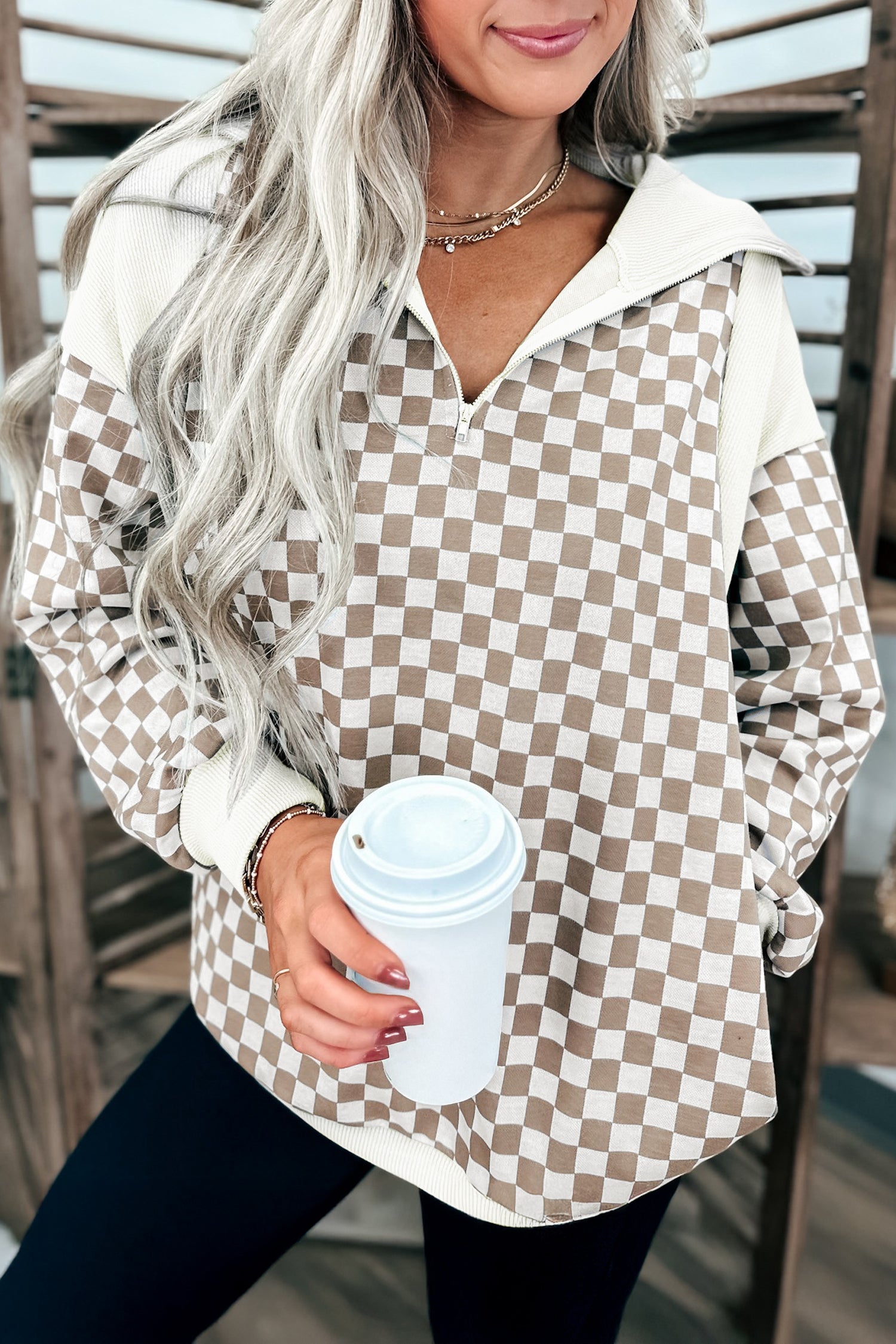 Khaki Checkered Print Quarter Zip Ribbed Patchwork Loose Sweatshirt-Tops/Sweatshirts & Hoodies-[Adult]-[Female]-Khaki-S-2022 Online Blue Zone Planet