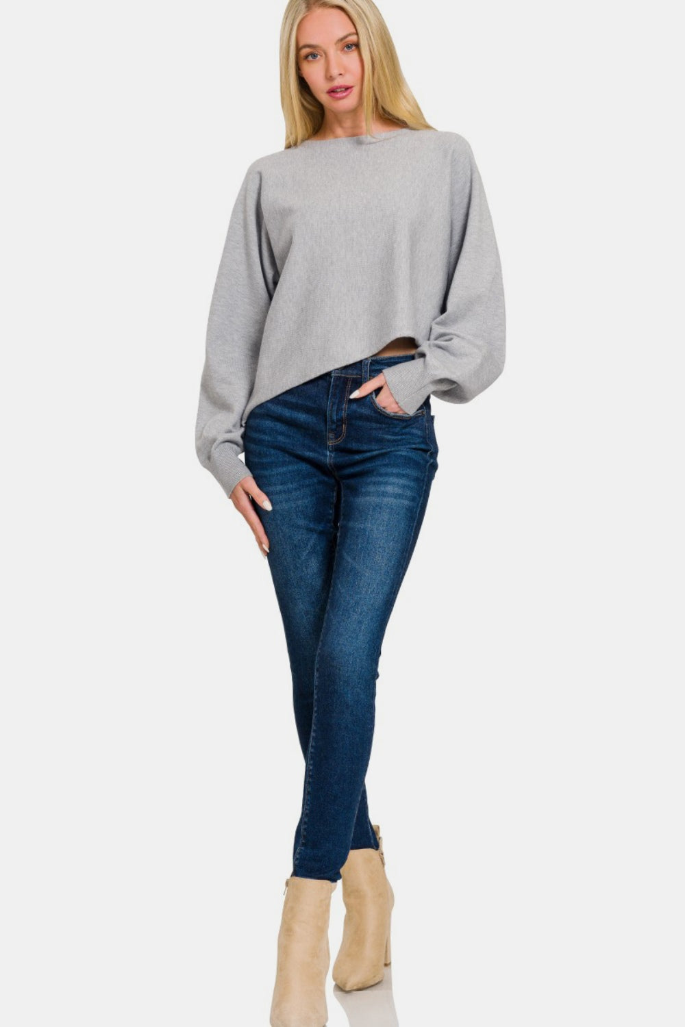 Zenana Asymmetric Hem Long Sleeve Sweater-TOPS / DRESSES-[Adult]-[Female]-2022 Online Blue Zone Planet