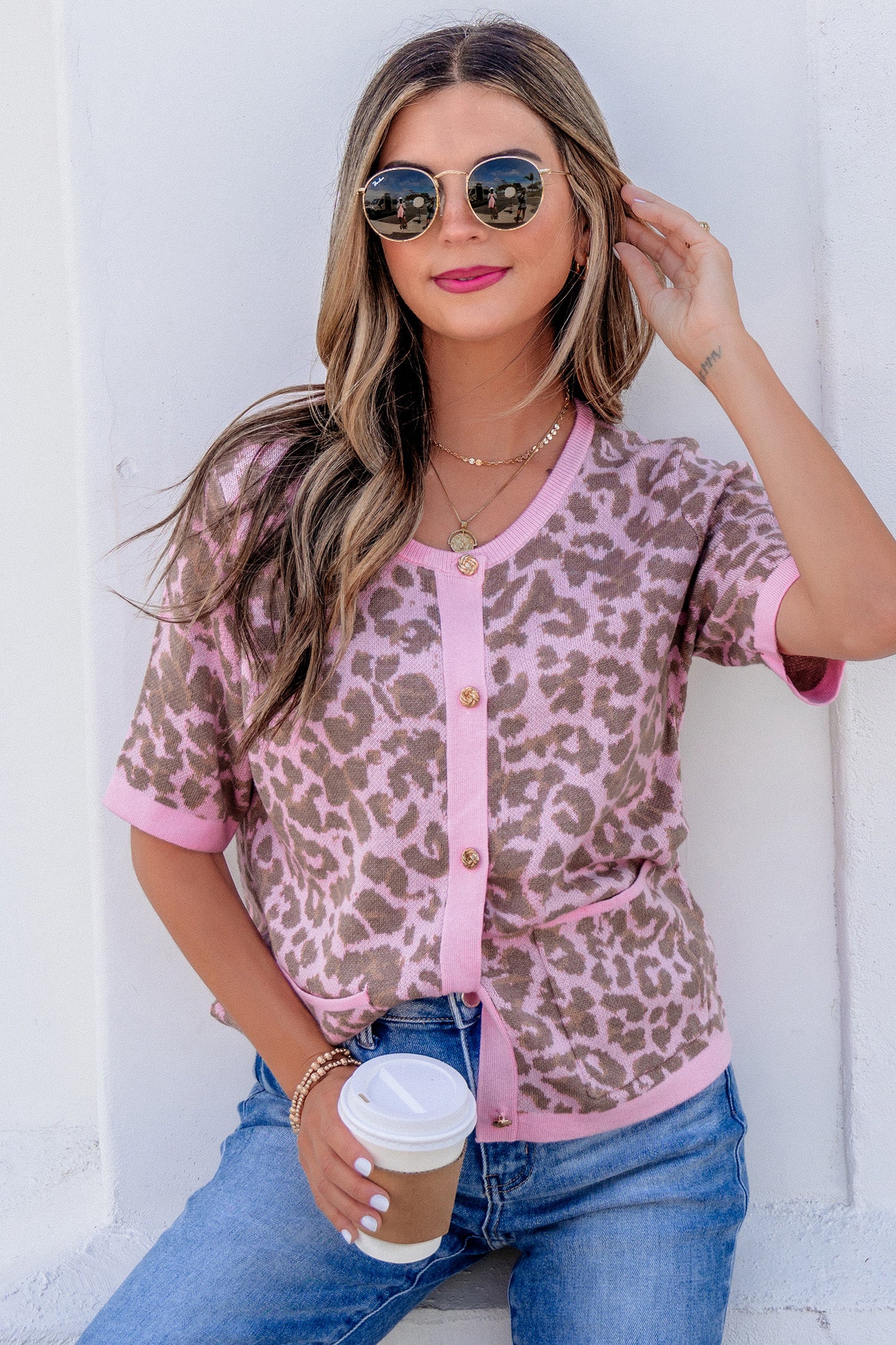 Pink Leopard Button Down Short Sleeve Sweater Cardigan-TOPS / DRESSES-[Adult]-[Female]-2022 Online Blue Zone Planet